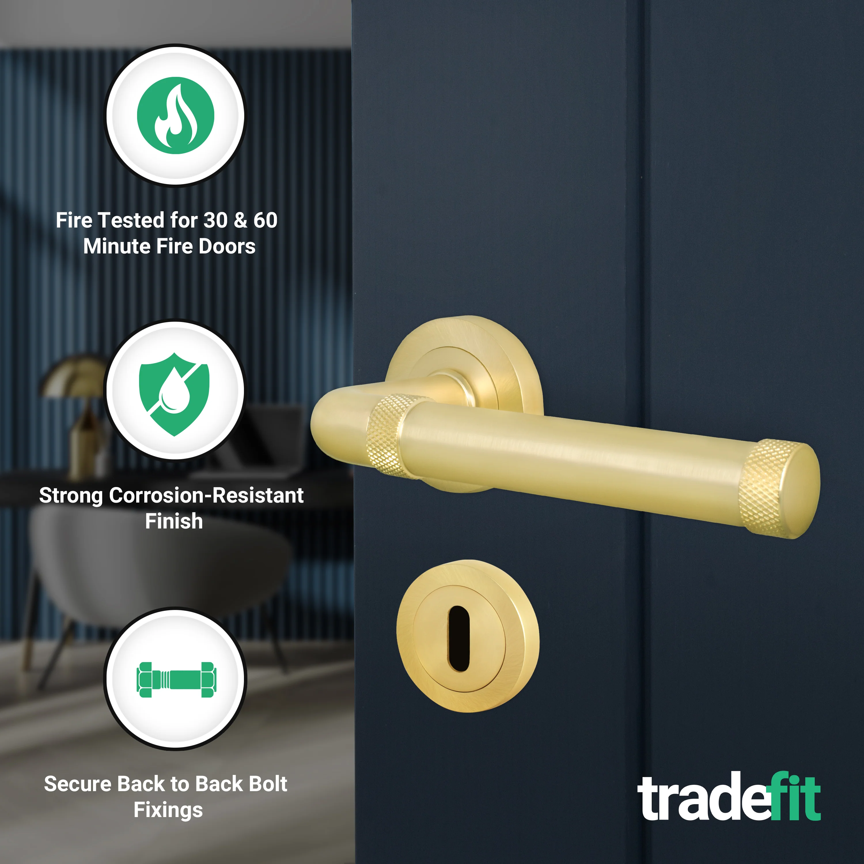 Santana Satin Brass Lever on Rose Door Handle Kit - Medium Duty FD30/60 - 80mm Sashlock - Image 2