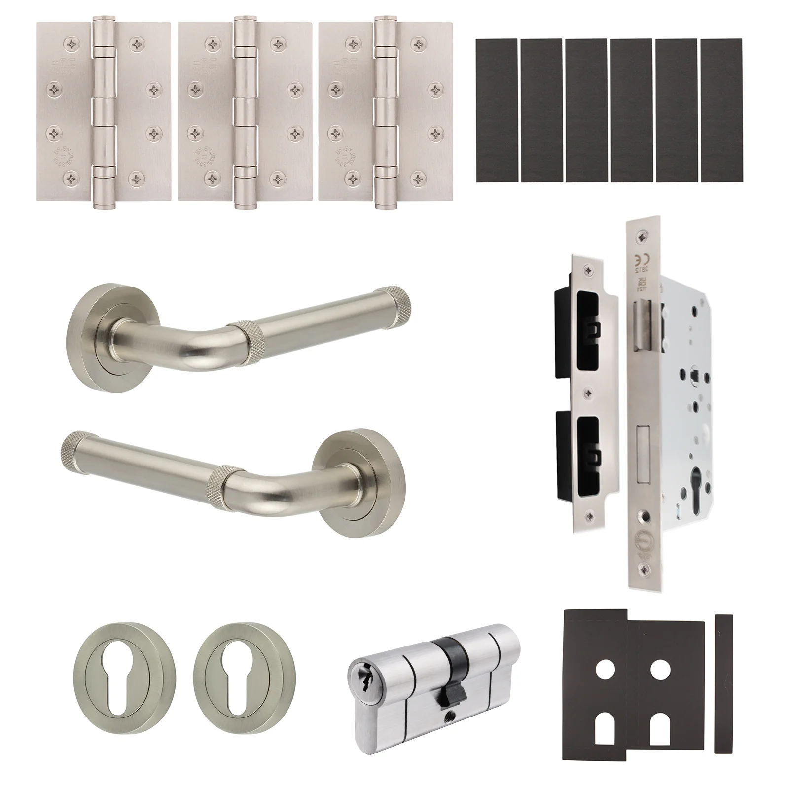 Santana Satin Nickel Lever on Rose Door Handle Kit - Heavy Duty FD30/60 - DIN Euro Sashlock and Double Cylinder - Keyed Alike