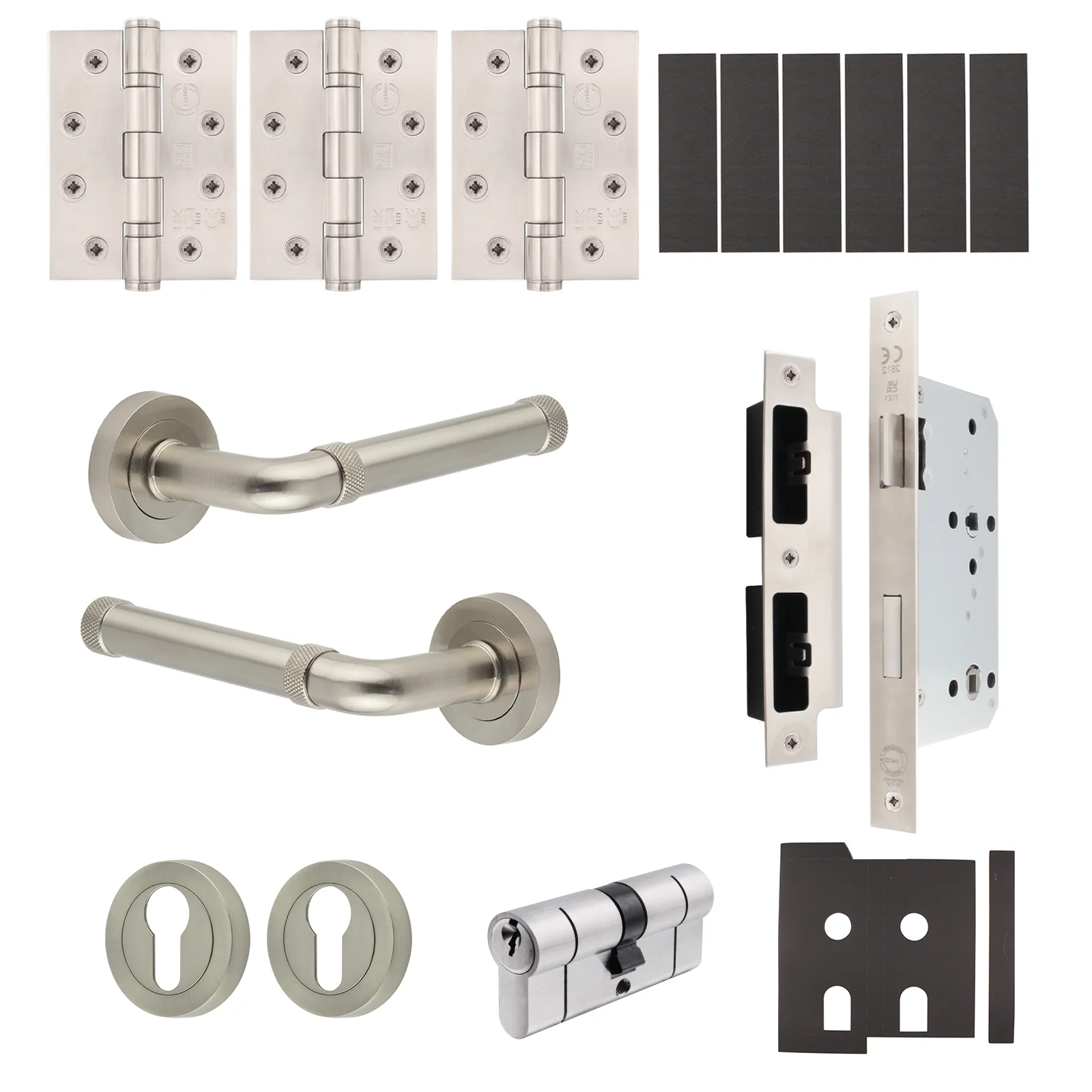 Santana Satin Nickel Lever on Rose Door Handle Kit - Heavy Duty FD30/60 - DIN Euro Sashlock and Double Cylinder - Keyed to Differ