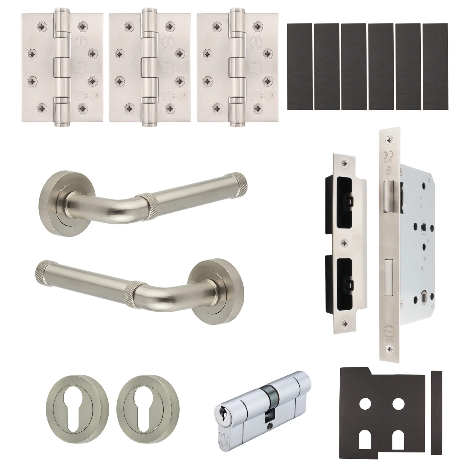 Santana Satin Nickel Lever on Rose Door Handle Kit - Heavy Duty FD30/60 - DIN Euro Sashlock and Double Cylinder - Master Keyed