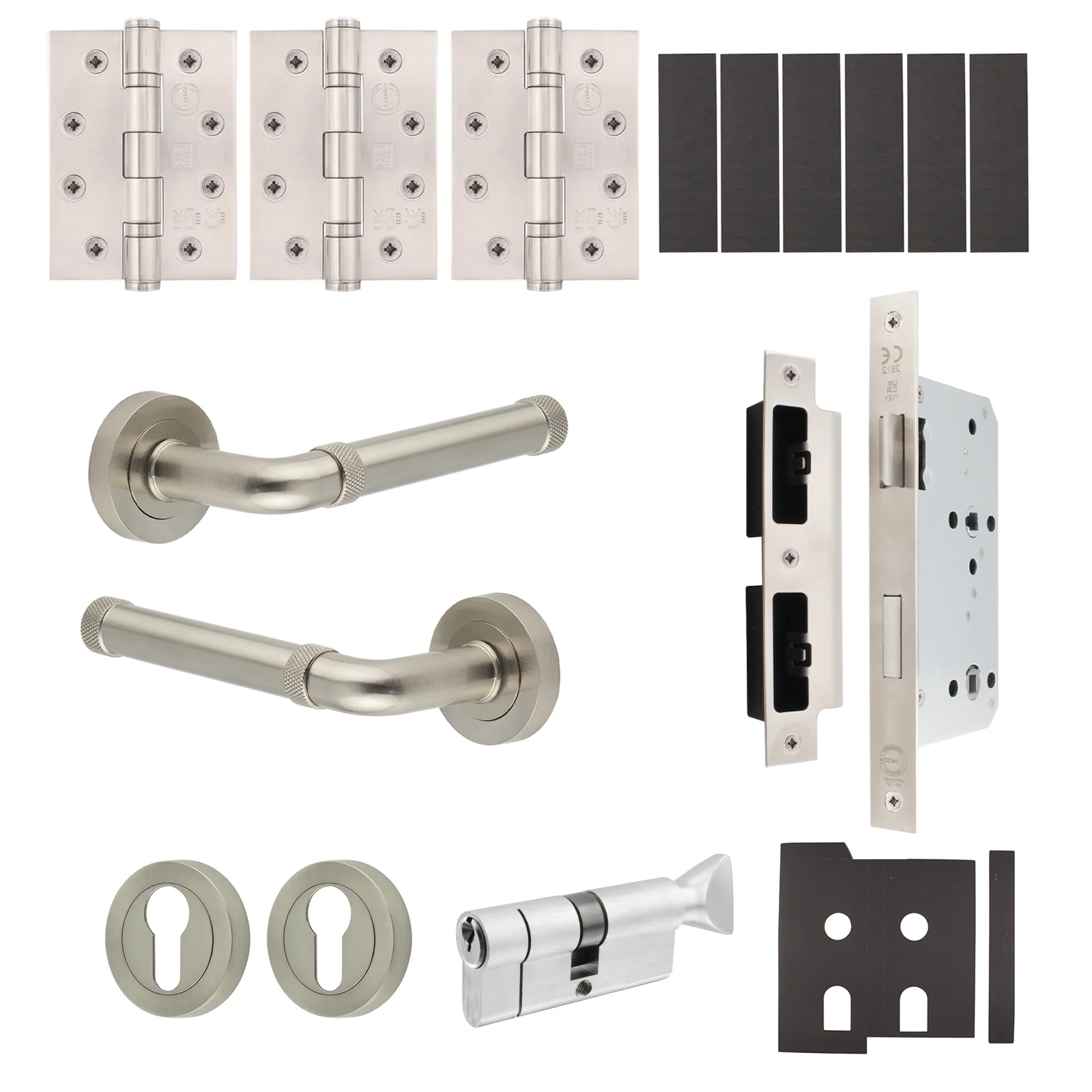 Santana Satin Nickel Lever on Rose Door Handle Kit - Heavy Duty FD30/60 - DIN Euro Sashlock and Thumbturn Cylinder - Keyed to Differ