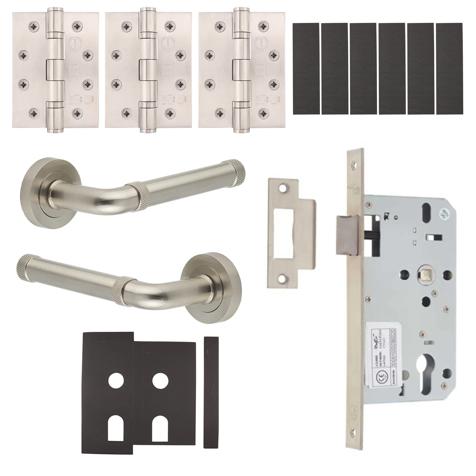 Santana Satin Nickel Lever on Rose Door Handle Kit - Heavy Duty FD30/60 - DIN Latch