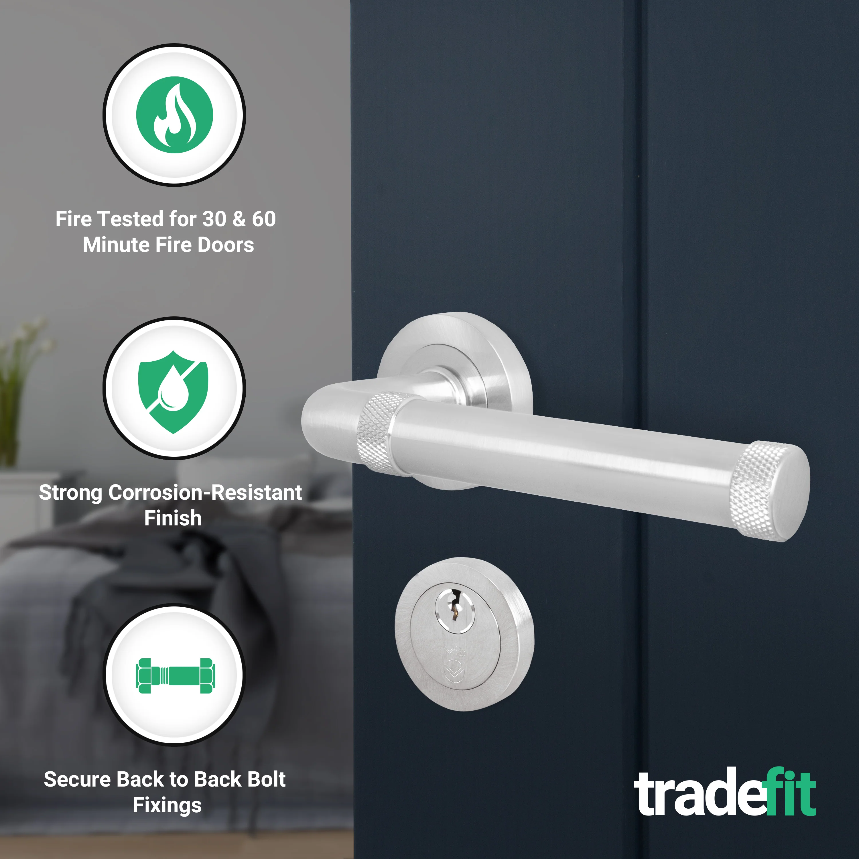 Santana Satin Nickel Lever on Rose Door Handle Kit - Medium Duty FD30/60 - 80mm Euro Sashlock and Double Cylinder - Keyed Alike - Image 3