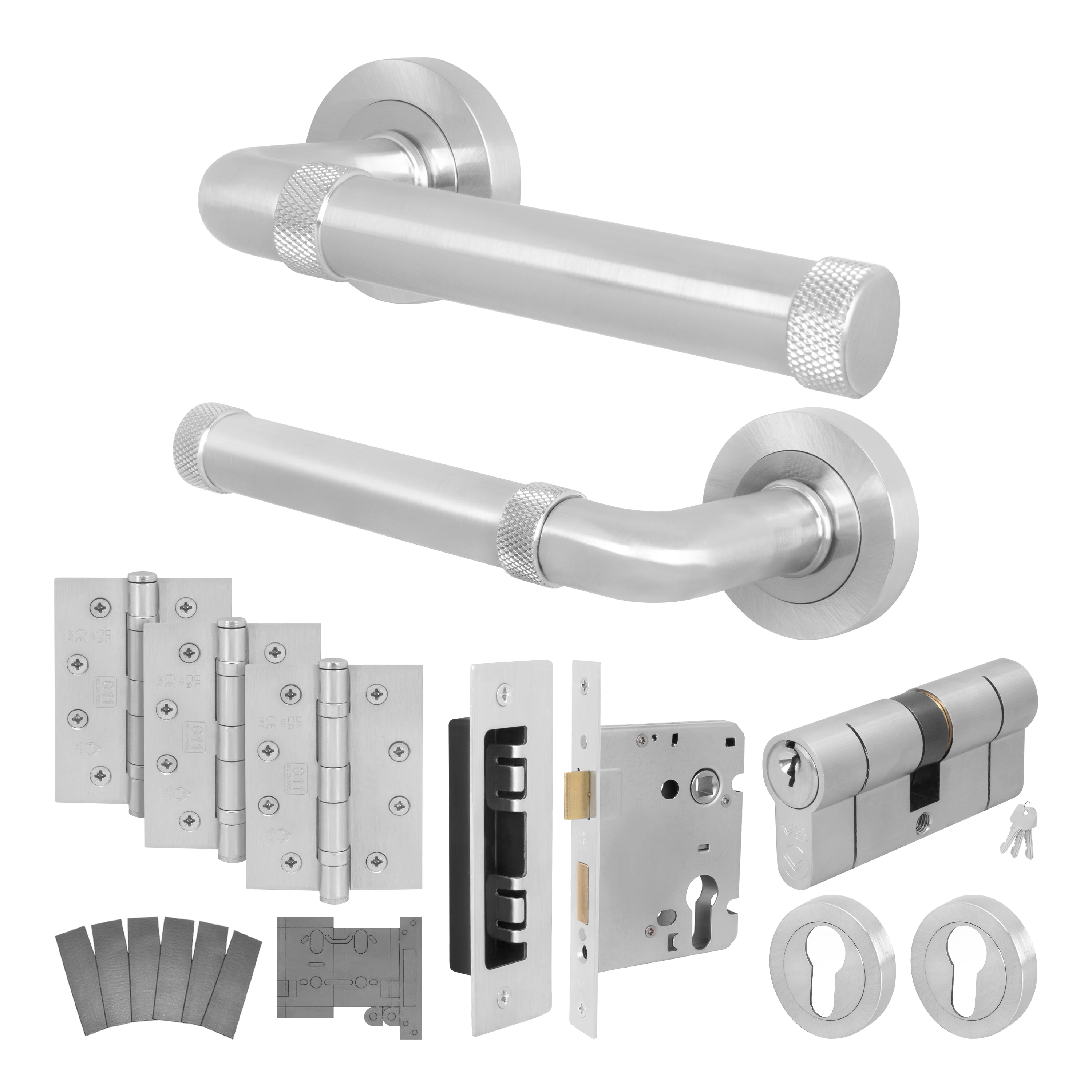 Santana Satin Nickel Lever on Rose Door Handle Kit - Medium Duty FD30/60 - 80mm Euro Sashlock and Double Cylinder - Master Keyed - Image 2