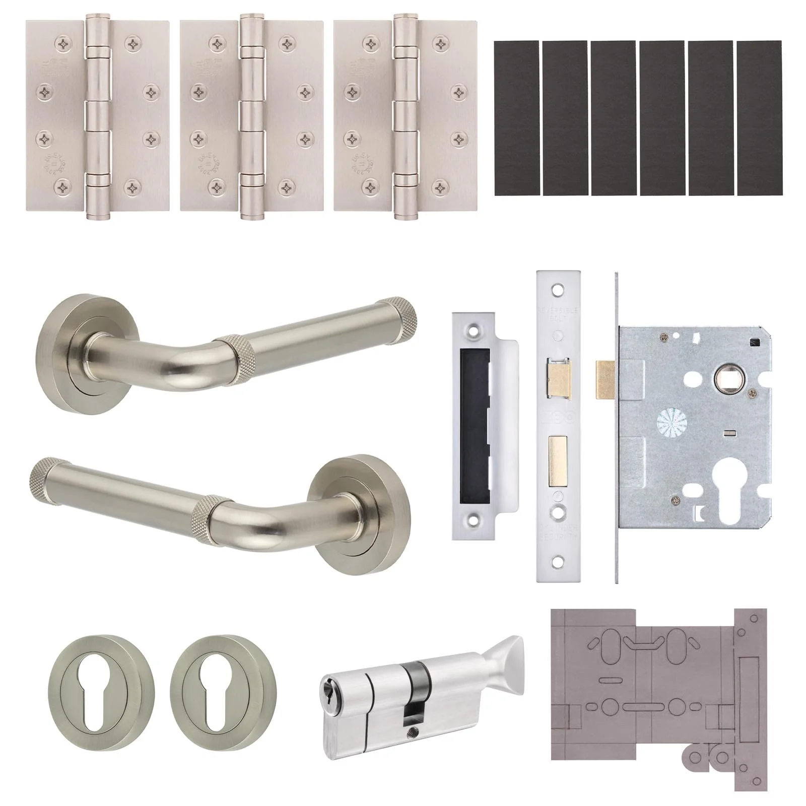 Santana Satin Nickel Lever on Rose Door Handle Kit - Medium Duty FD30/60 - 80mm Euro Sashlock and Thumbturn Cylinder - Keyed Alike