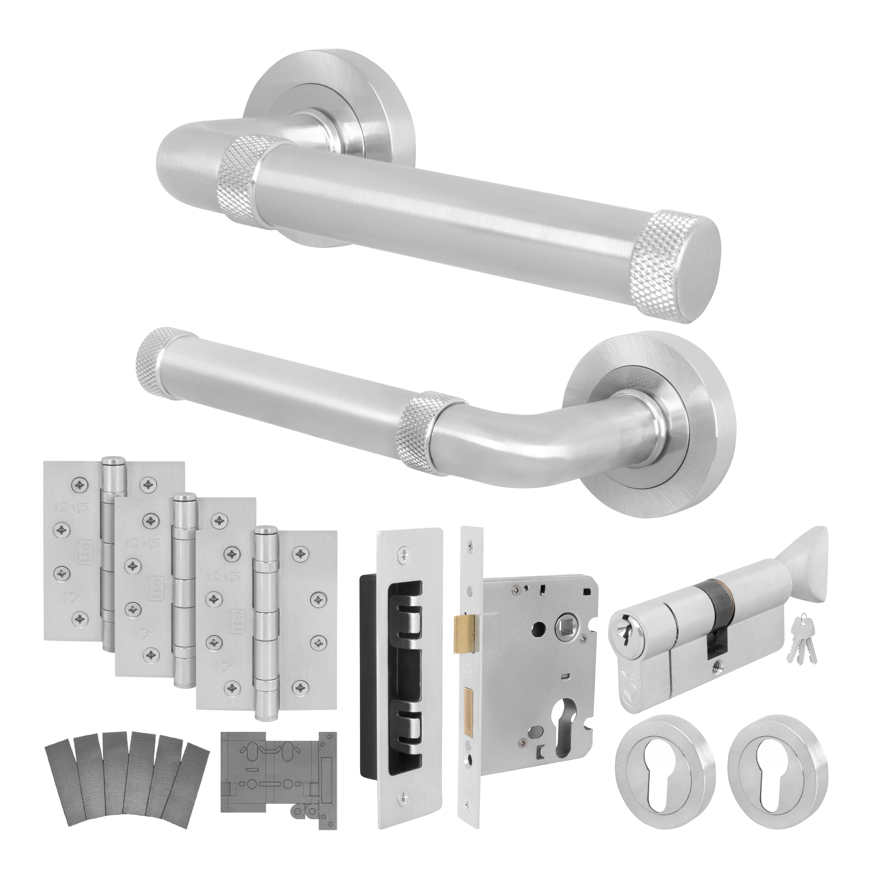 Santana Satin Nickel Lever on Rose Door Handle Kit - Medium Duty FD30/60 - 80mm Euro Sashlock and Thumbturn Cylinder - Keyed to Differ