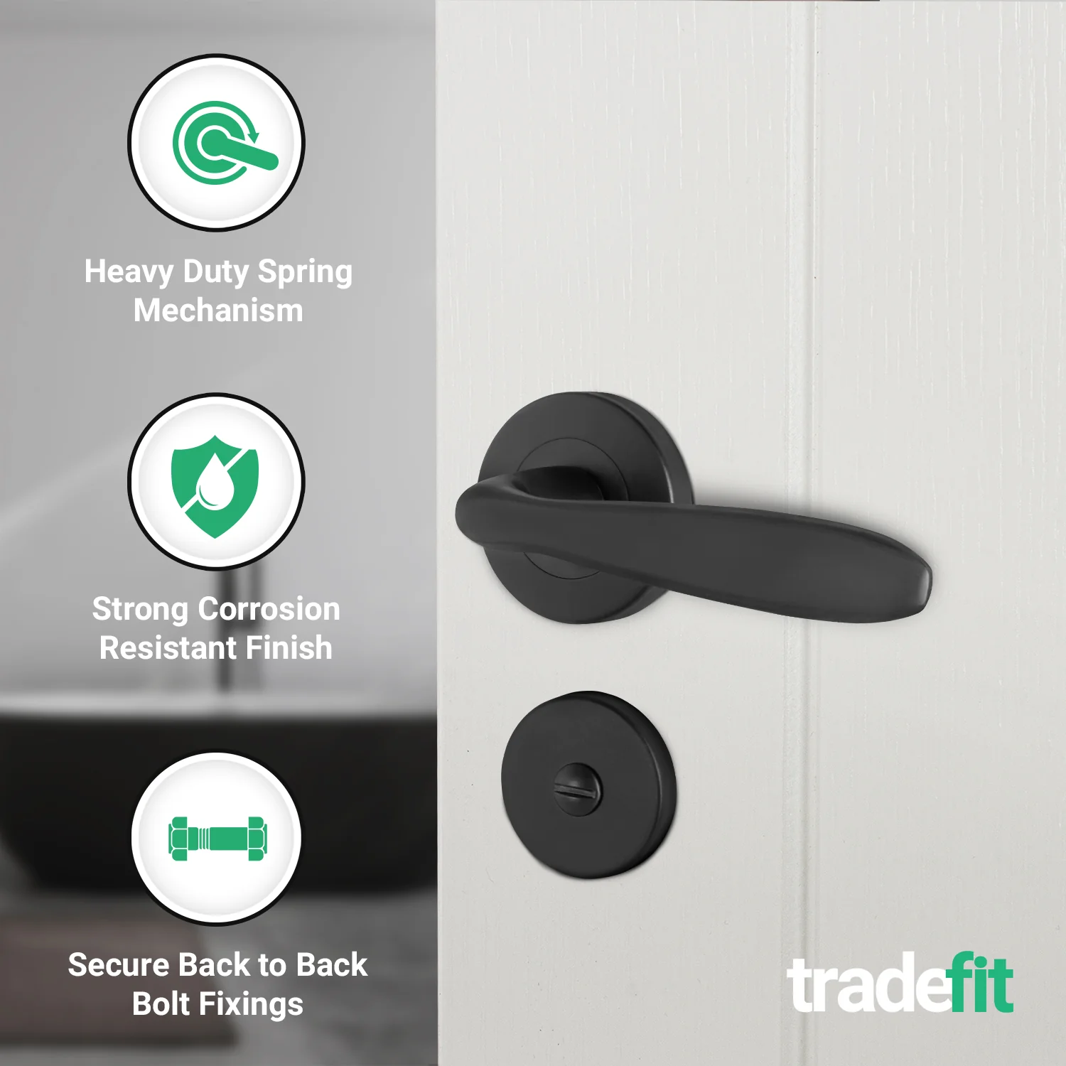 Sassari Matt Black Lever on Rose Door Handle Pack - 64mm Bathroom Lock - Image 4