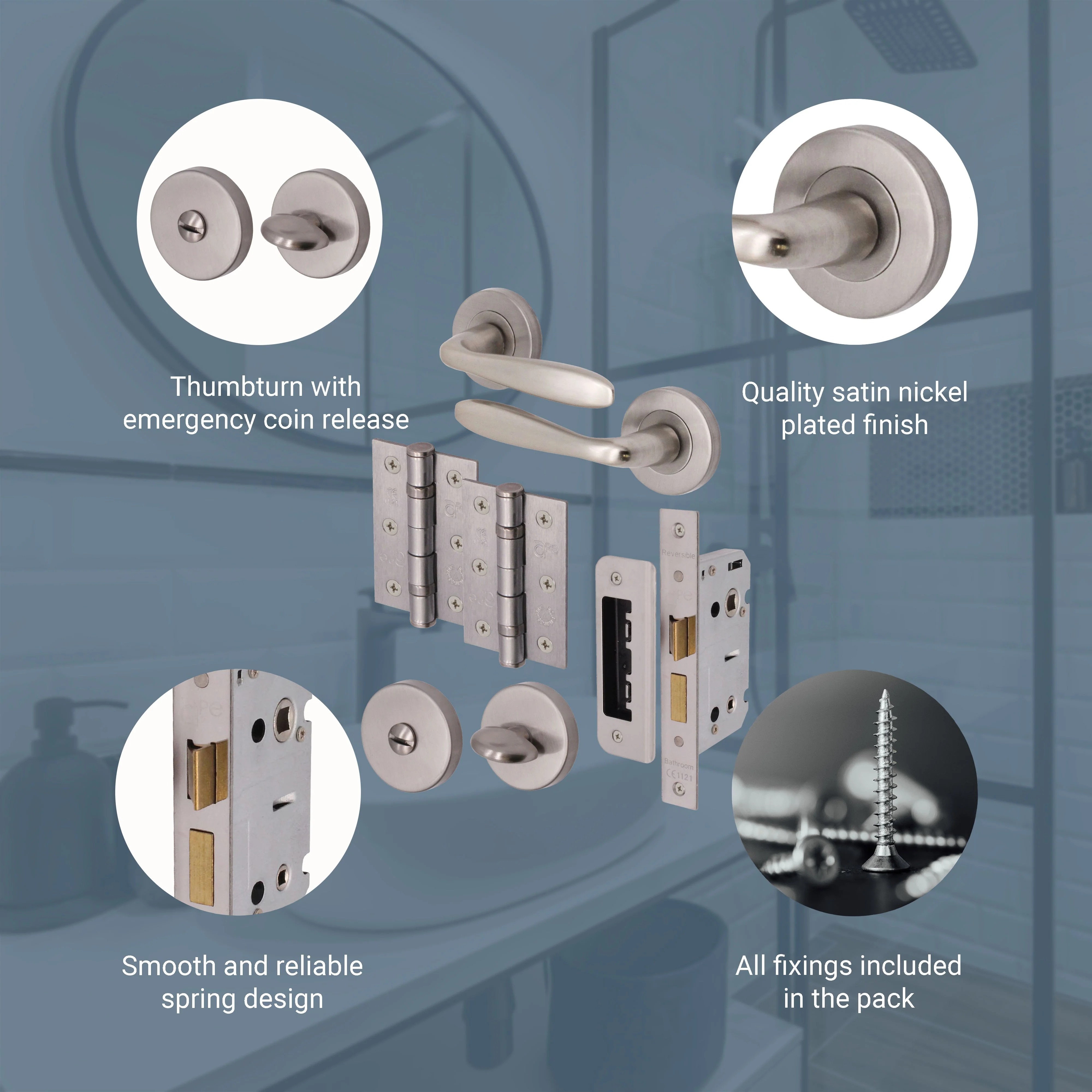 Sassari Satin Nickel Lever on Rose Door Handle Pack - 64mm Bathroom Lock - Image 4