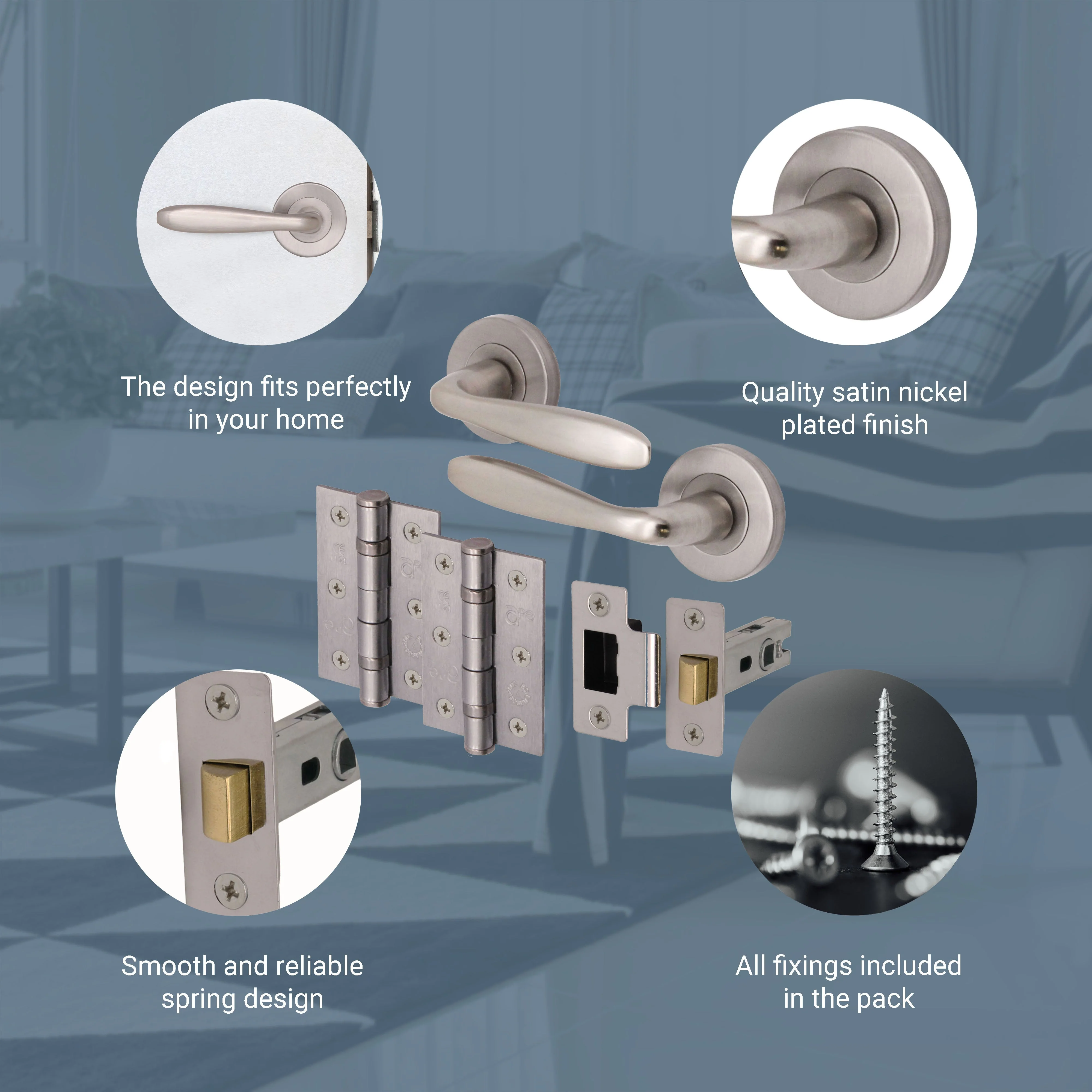 Sassari Satin Nickel Lever on Rose Door Handle Pack - 64mm Latch - Image 4