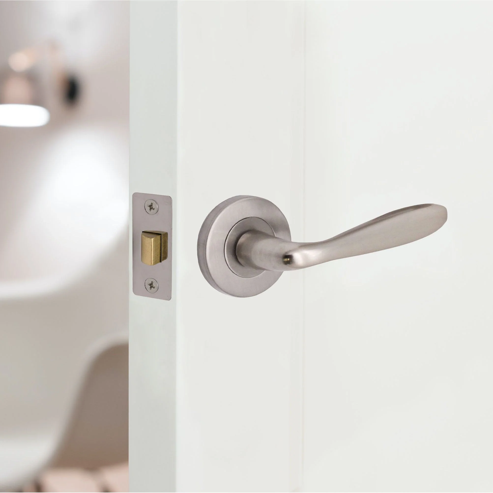 Sassari Satin Nickel Lever on Rose Door Handle Pack - 64mm Latch - Image 6