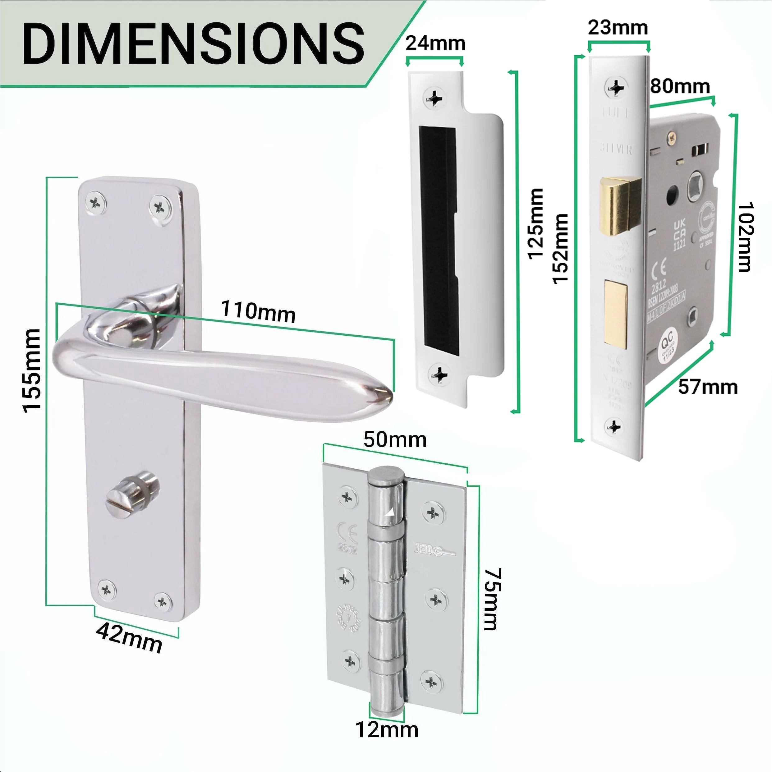 Sassari Polished Chrome Lever Door Handle Pack - 80mm Bathroom Lock - Image 3