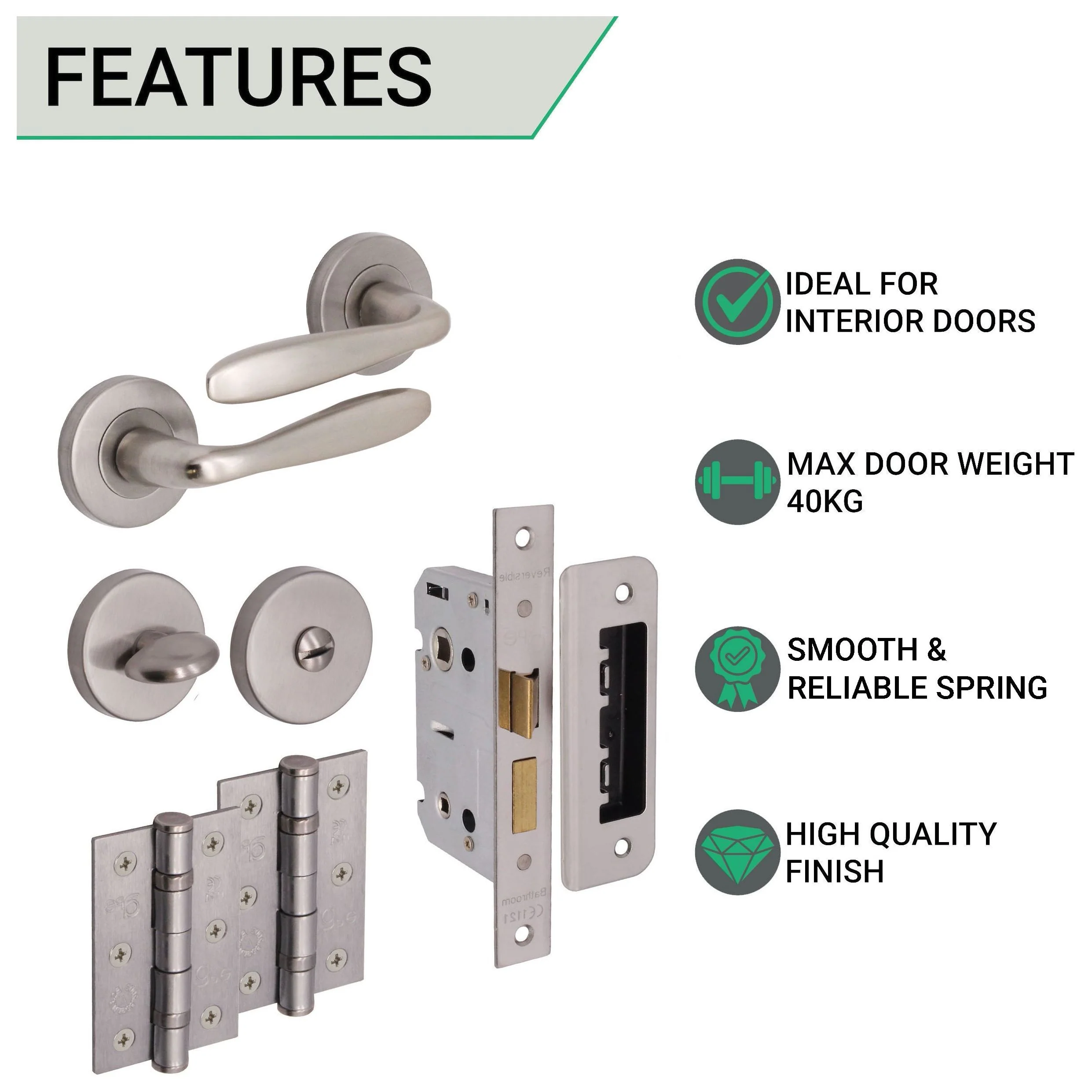 Sassari Satin Nickel Lever on Rose Door Handle Pack - 80mm Bathroom Lock - Image 2