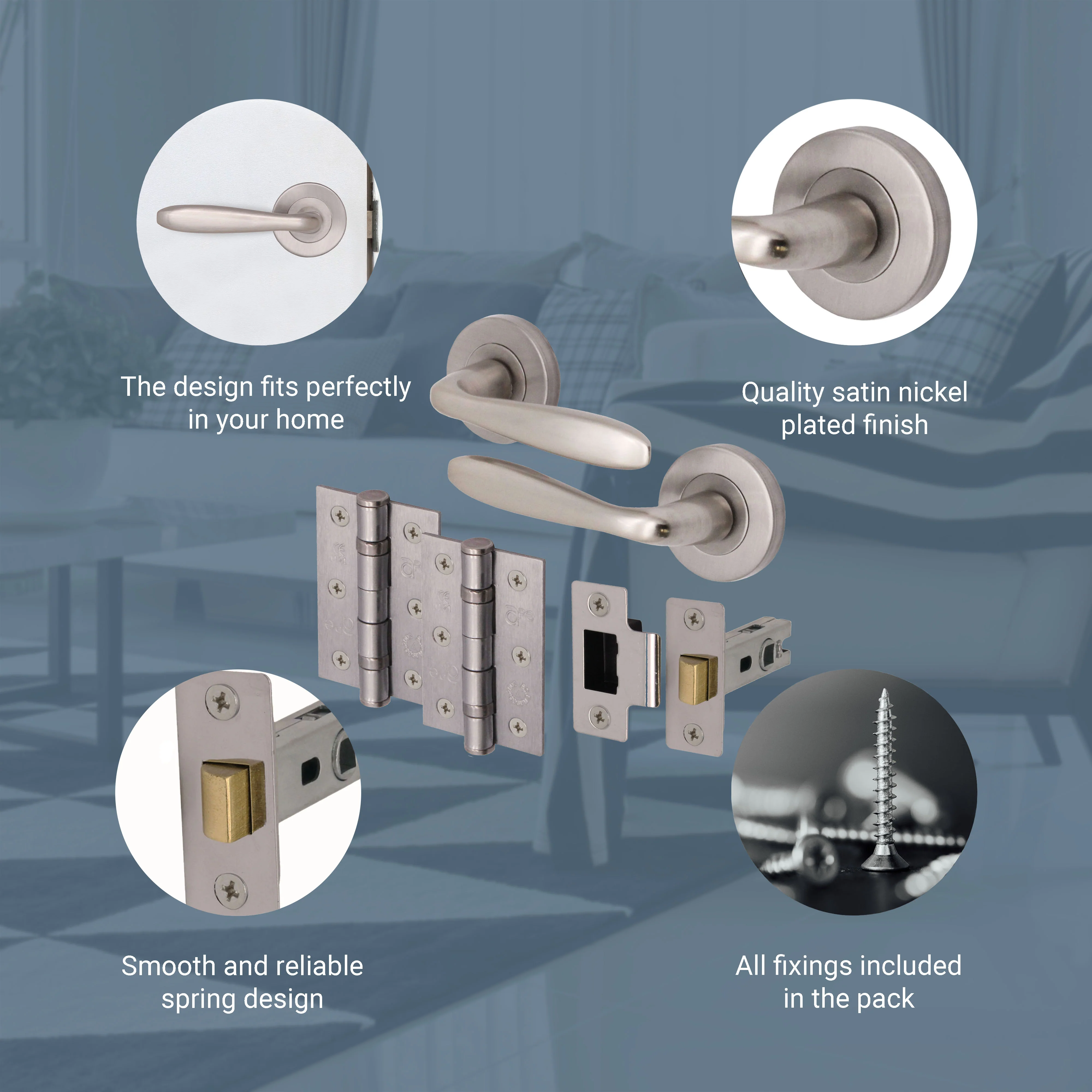 Sassari Satin Nickel Lever on Rose Door Handle Pack - 76mm Latch - Image 4