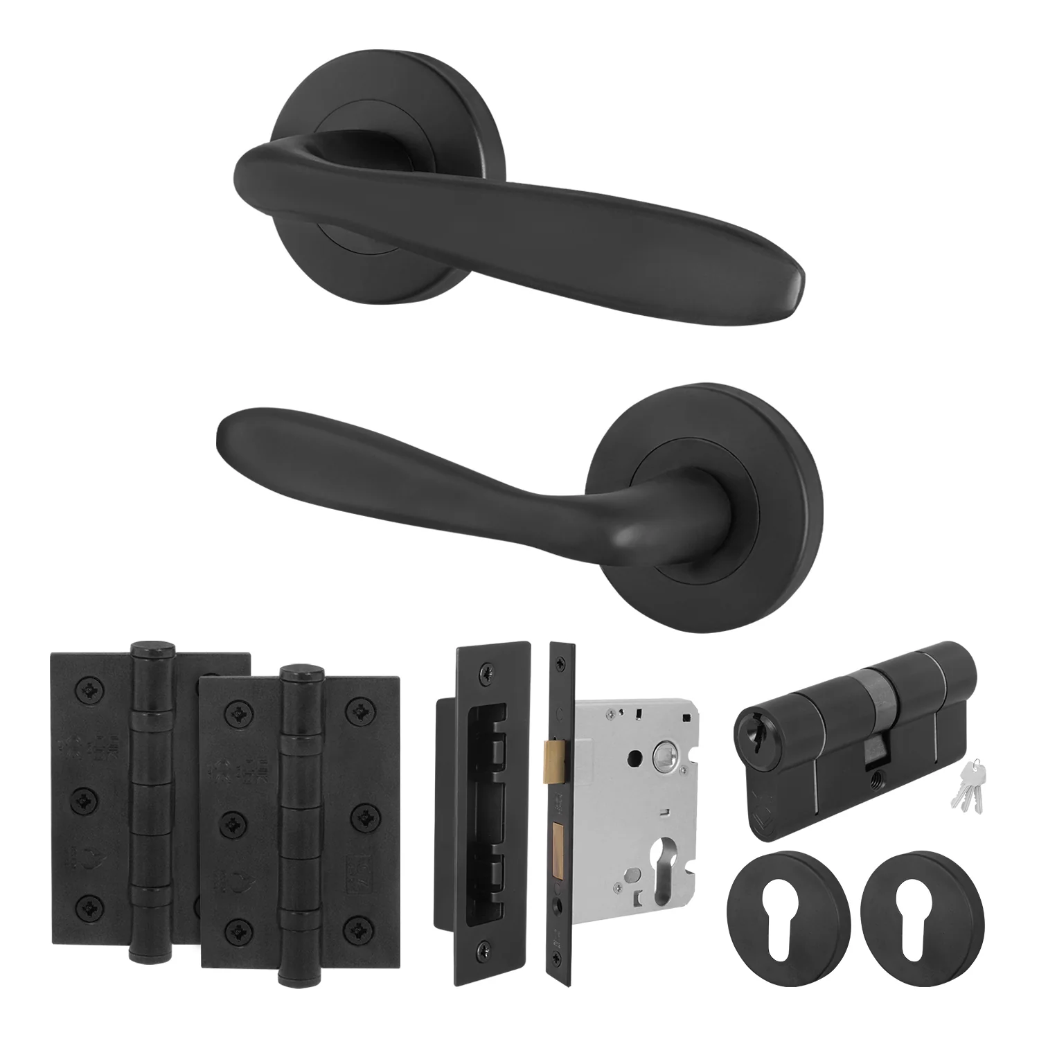 Sassari Matt Black Lever on Rose Door Handle Kit - 80mm Euro Sashlock and Double Cylinder - Keyed Alike