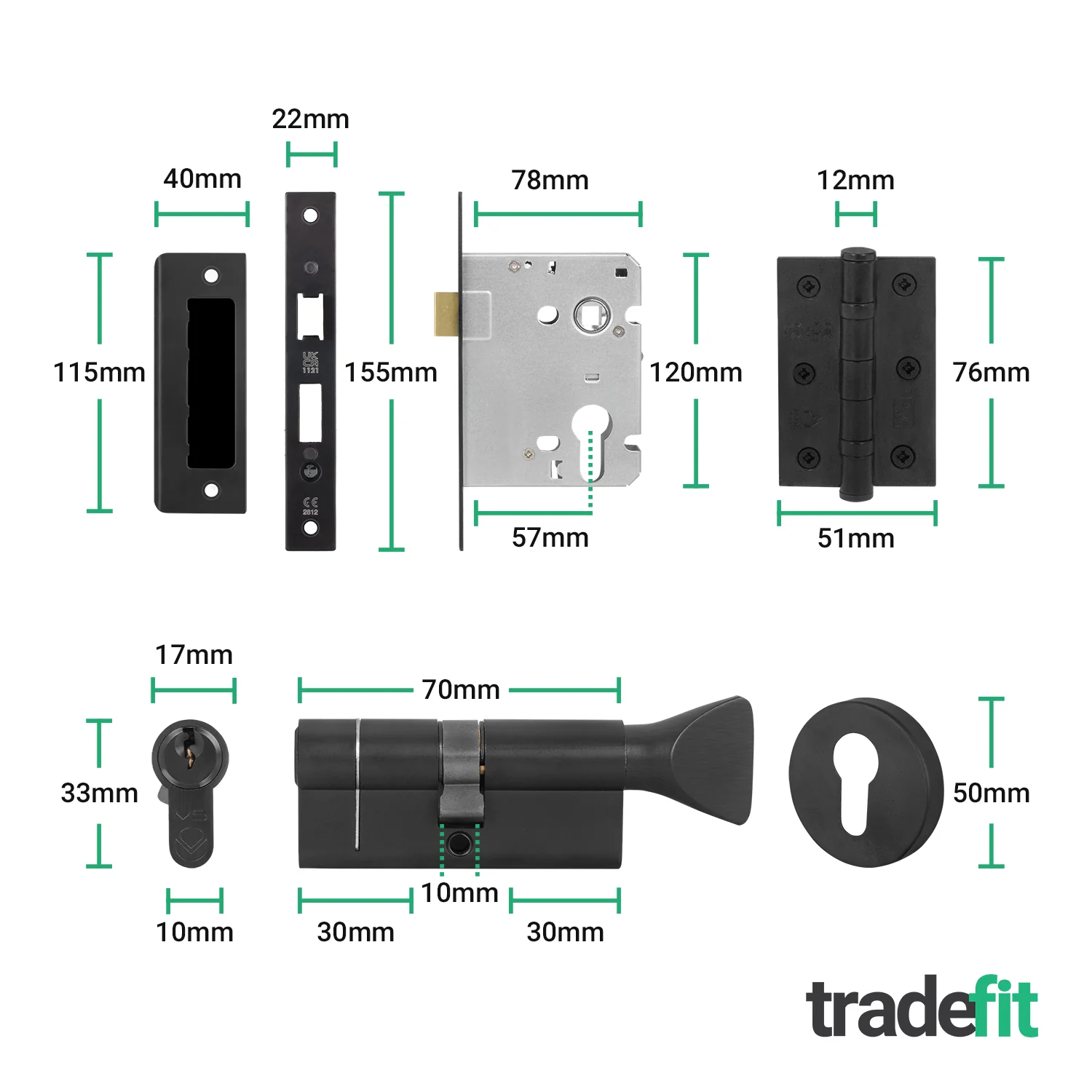 Sassari Matt Black Lever on Rose Door Handle Kit - 80mm Euro Sashlock and Double Cylinder - Keyed to Differ - Image 3