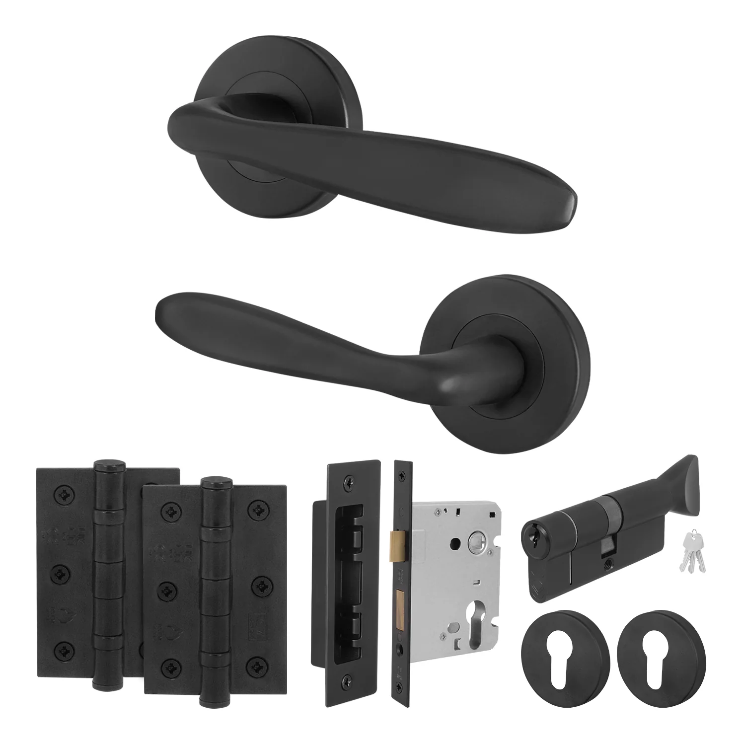 Sassari Matt Black Lever on Rose Door Handle Kit - 80mm Euro Sashlock and Thumbturn Cylinder - Keyed to Differ