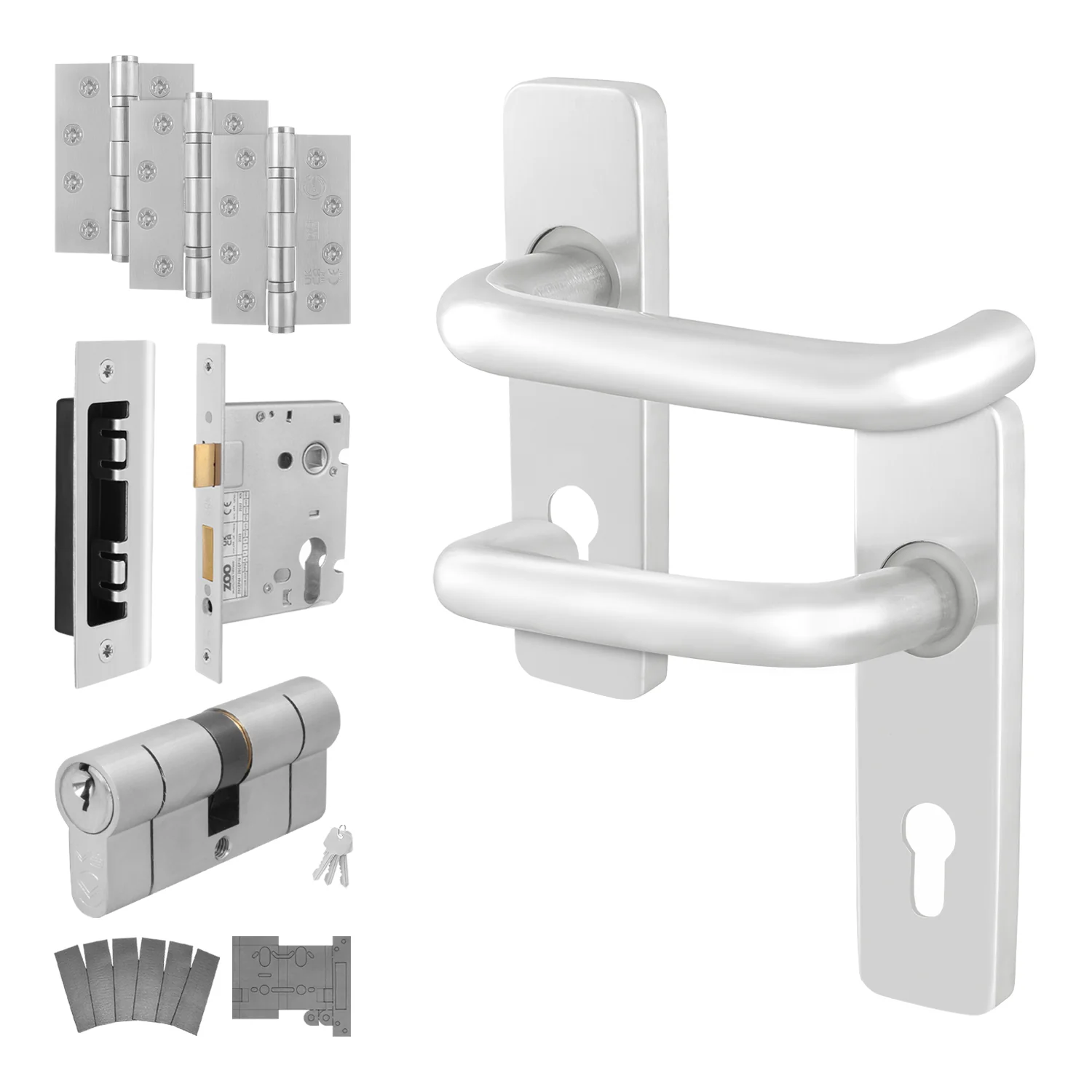 Satin Aluminium Return to Door Handle Fire Door Pack - Euro Sashlock and Double Cylinder - FD30/60