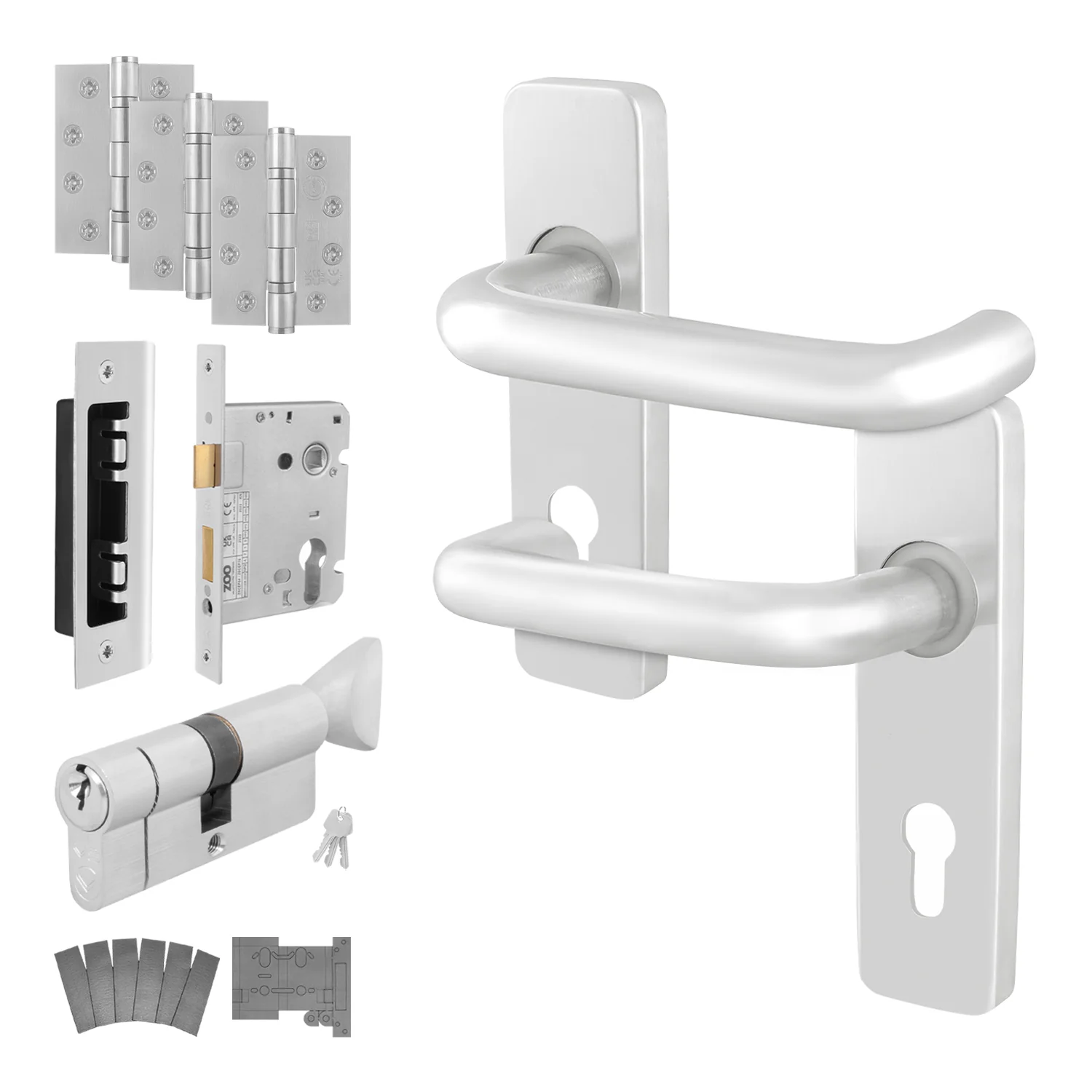 Satin Aluminium Return to Door Handle Fire Door Pack - 3 Lever Sashlock and Thumbturn Cylinder - FD30/60