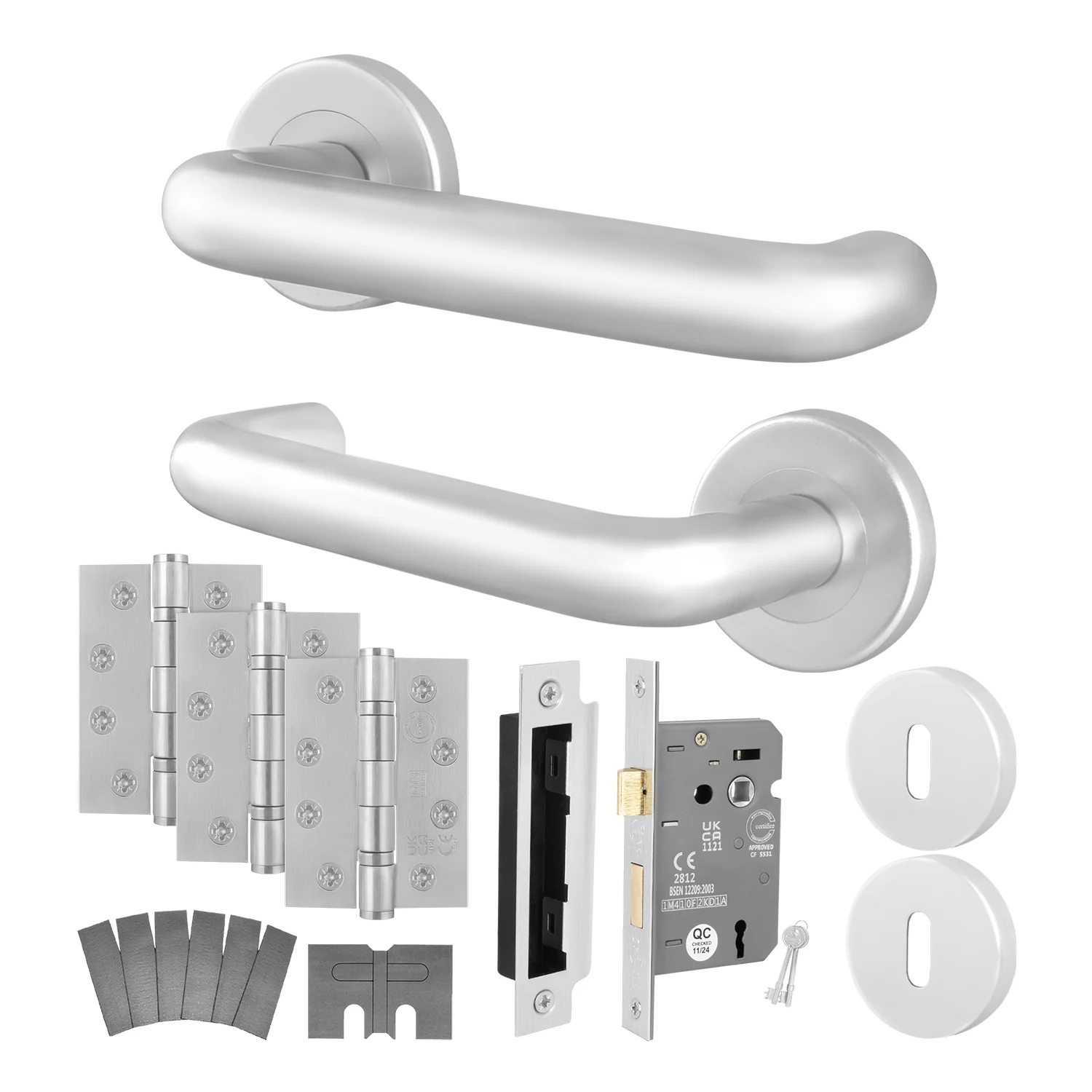 Satin Aluminium Return to Door Handle on Rose Fire Door Pack - 3 Lever Sashlock - FD30/60