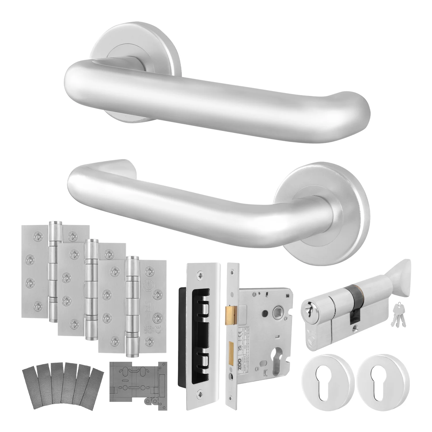Satin Aluminium Return to Door Handle on Rose Fire Door Pack - Euro Sashlock and Thumbturn Cylinder - FD30/60