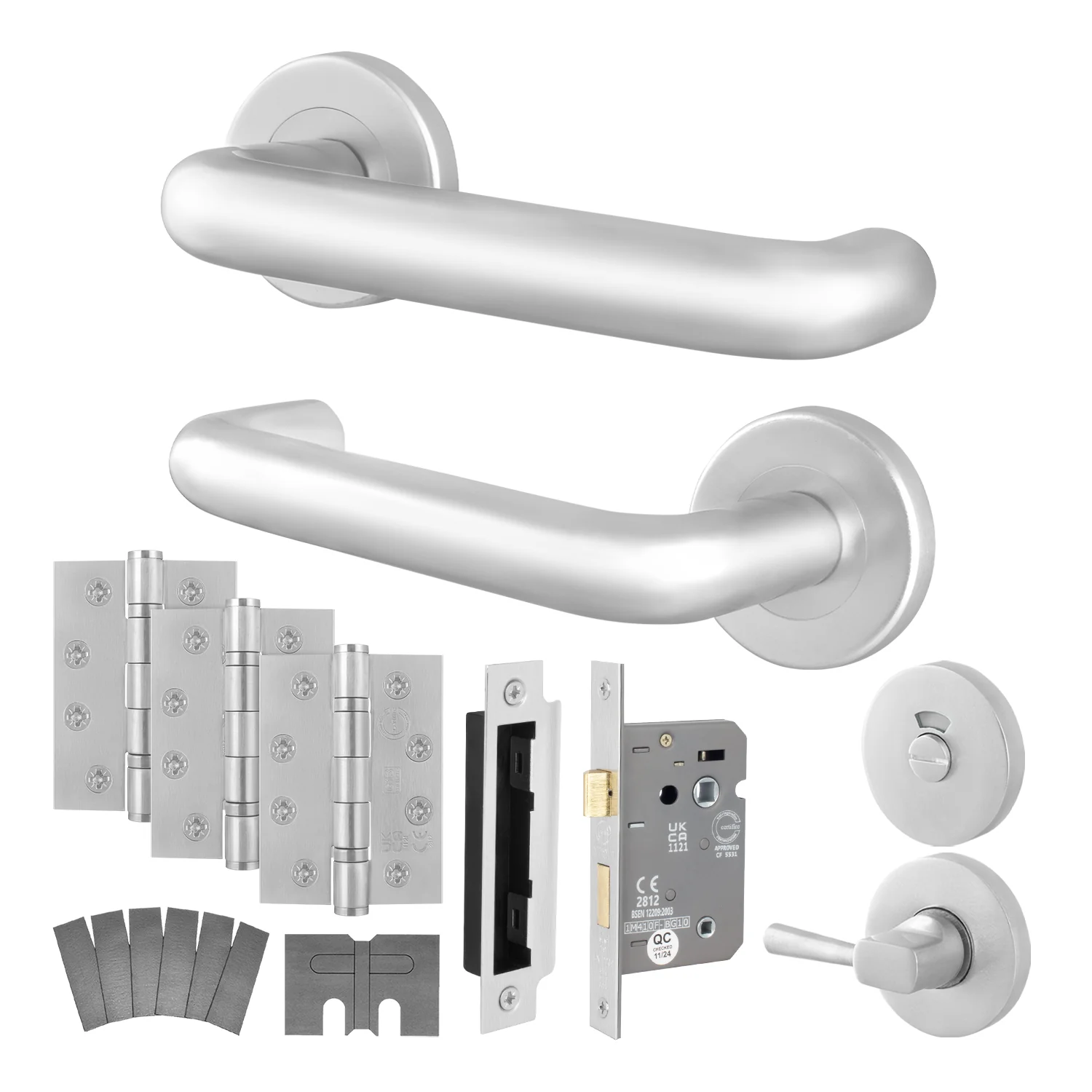 Satin Aluminium Return to Door Handle on Rose Fire Door Pack - Bathroom - FD30/60