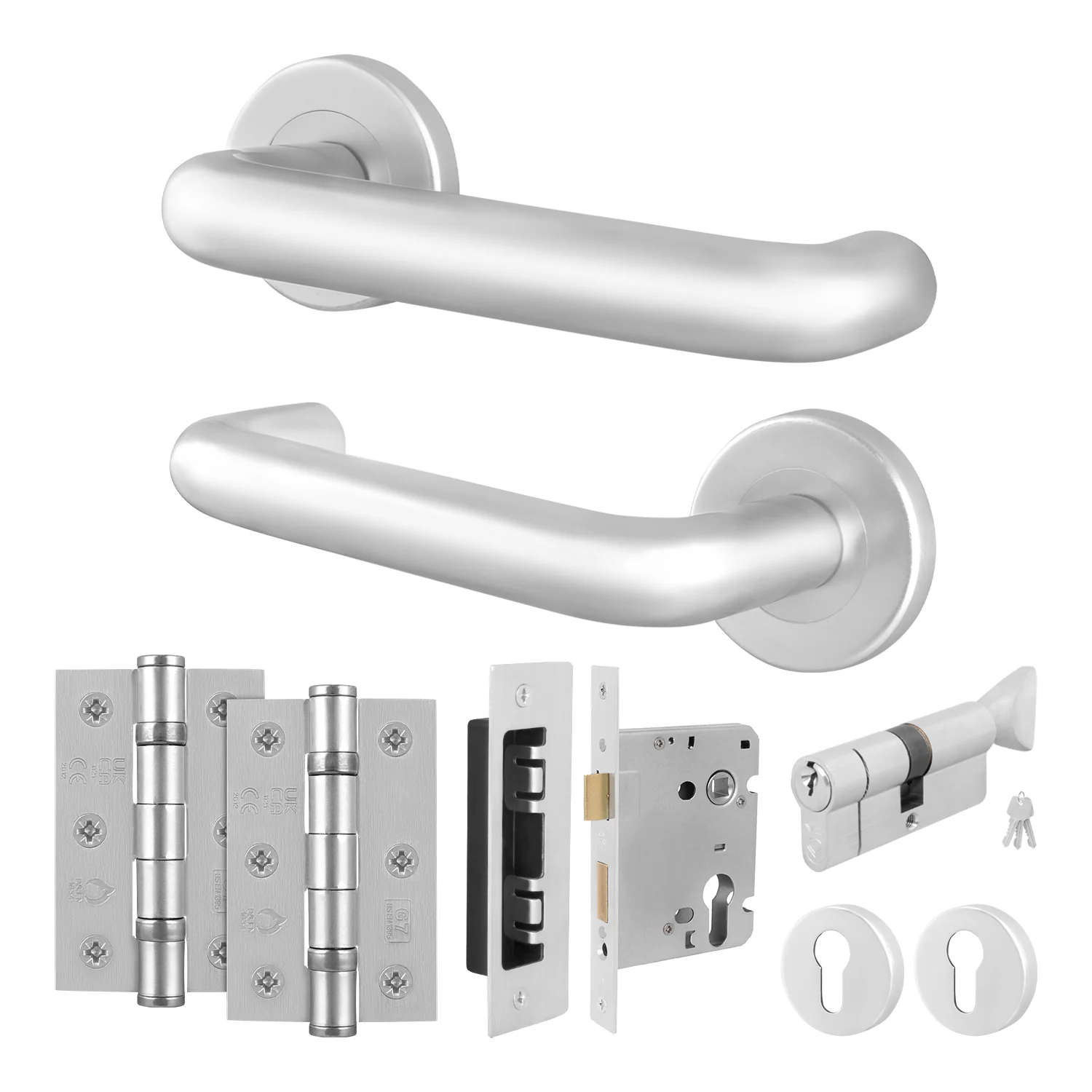 Satin Aluminium Return to Door Handle on Rose Pack - Euro Sashlock and Thumbturn Cylinder
