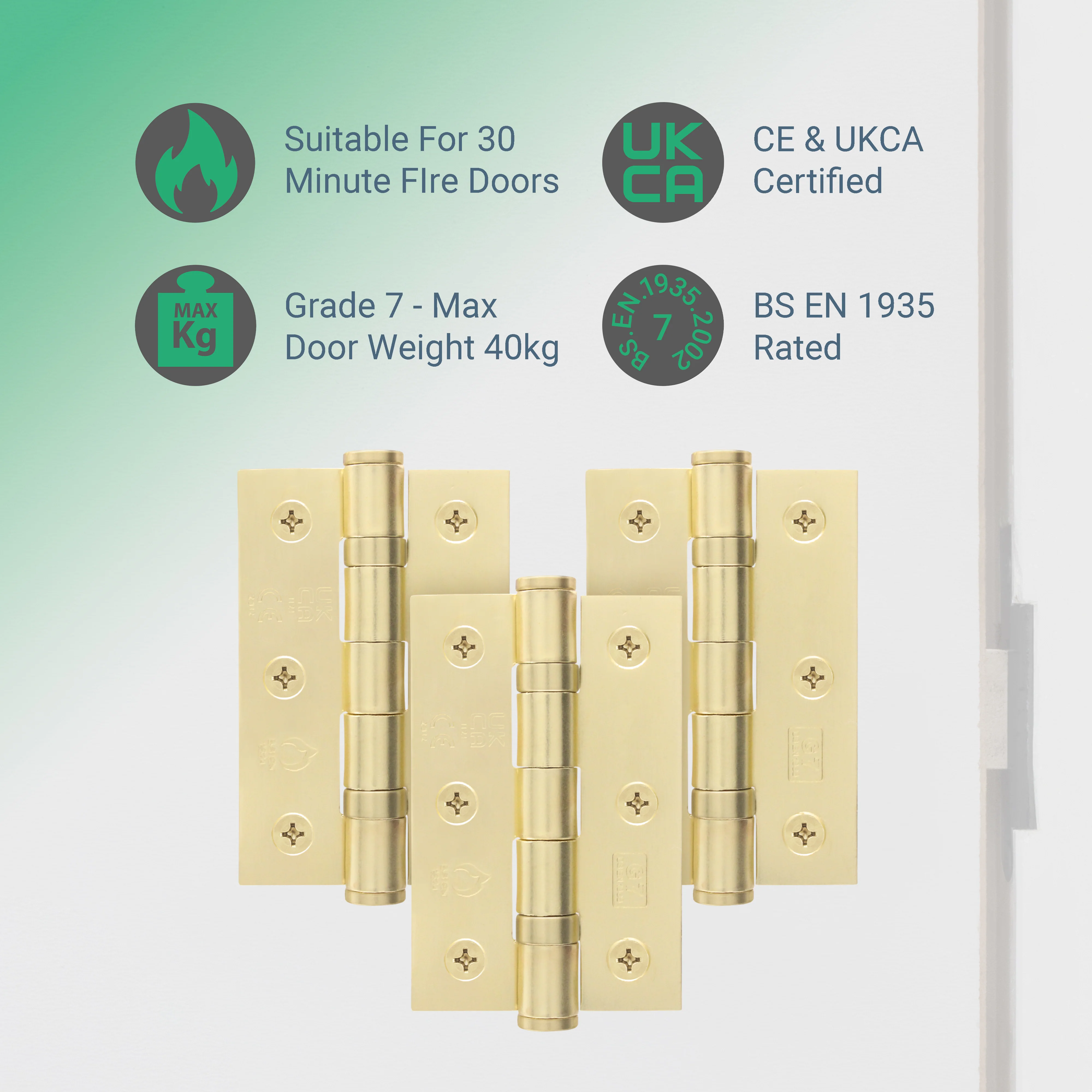 Satin Brass Fire Door Hinges - 3 Inch/76mm - Grade 7 Steel Ball Bearing - Pack of 3 Hinges - Image 2