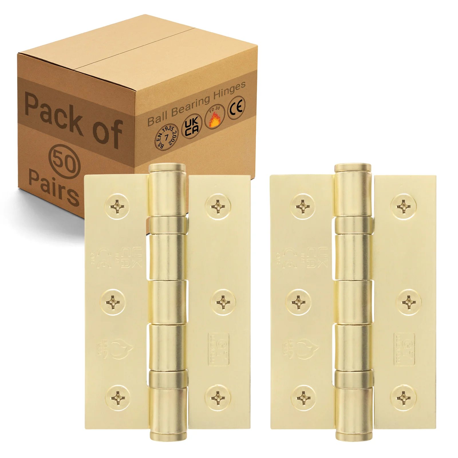 Satin Brass Fire Door Hinges - 3 Inch/76mm - Grade 7 Steel Ball Bearing - Pack of 50 Pairs