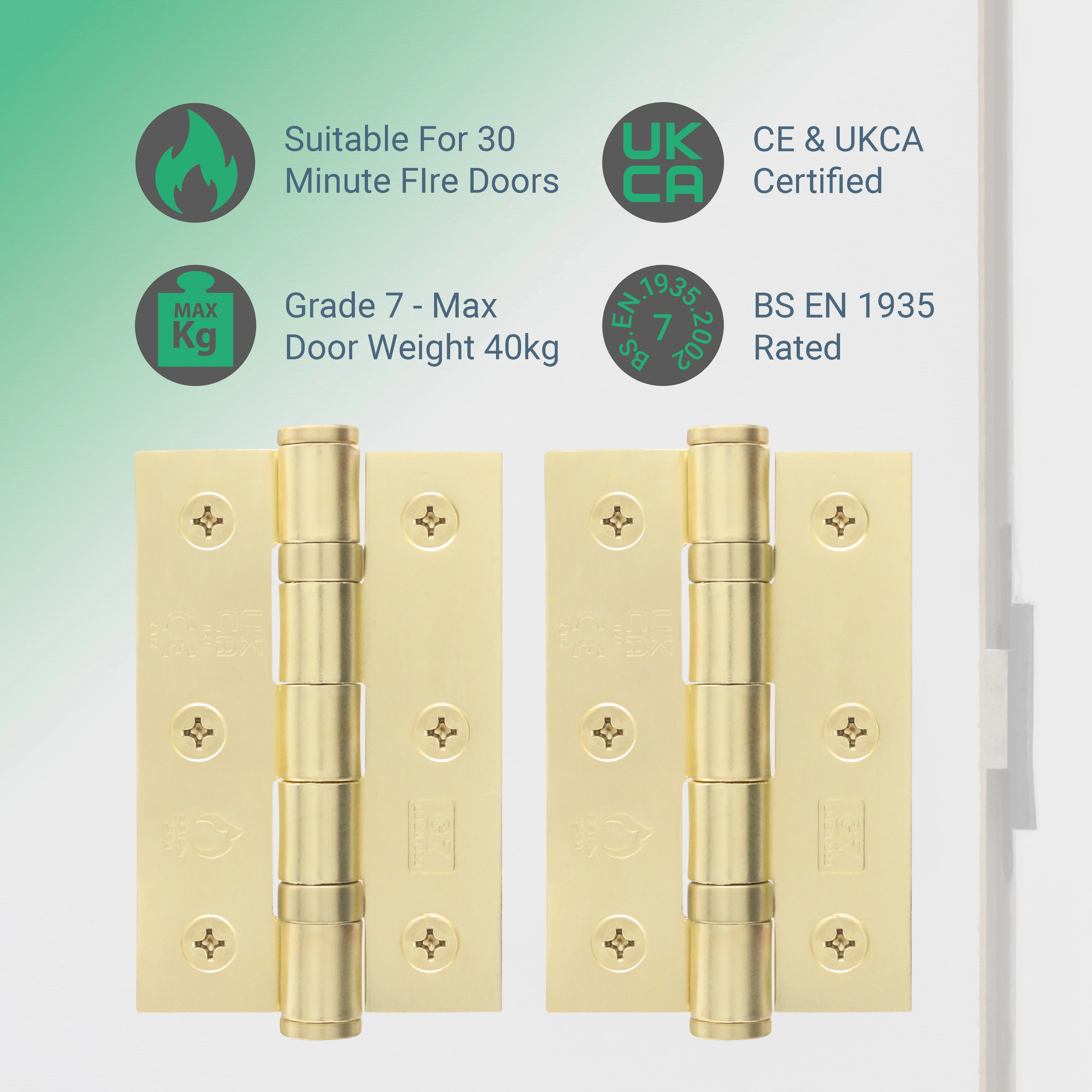 Satin Brass Fire Door Hinges - 3 Inch/76mm - Grade 7 Steel Ball Bearing - Pair - Image 2