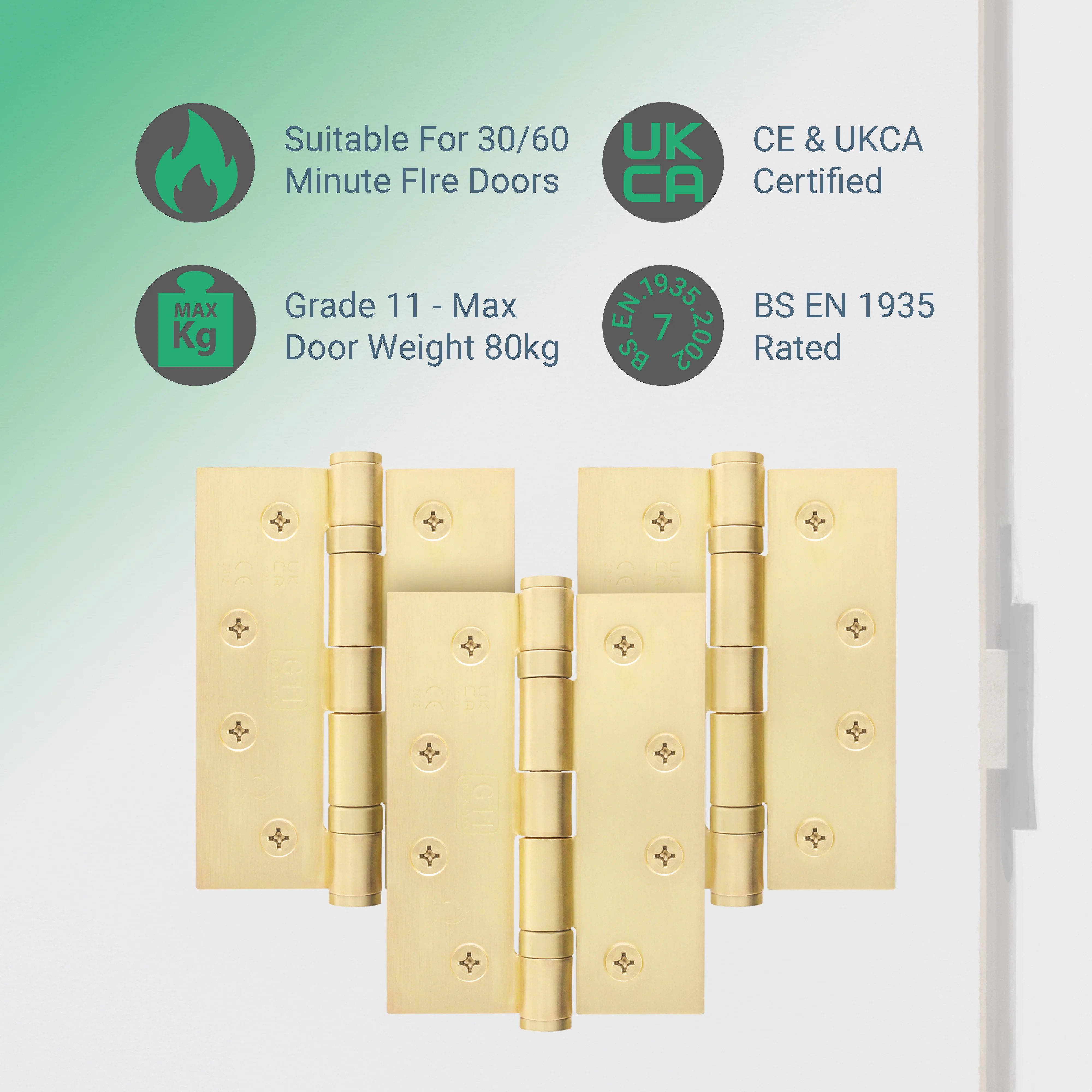 Satin Brass Fire Door Hinges – 4 Inch/102mm – Grade 11 Steel Ball Bearing – Pack of 3 Hinges - Image 2