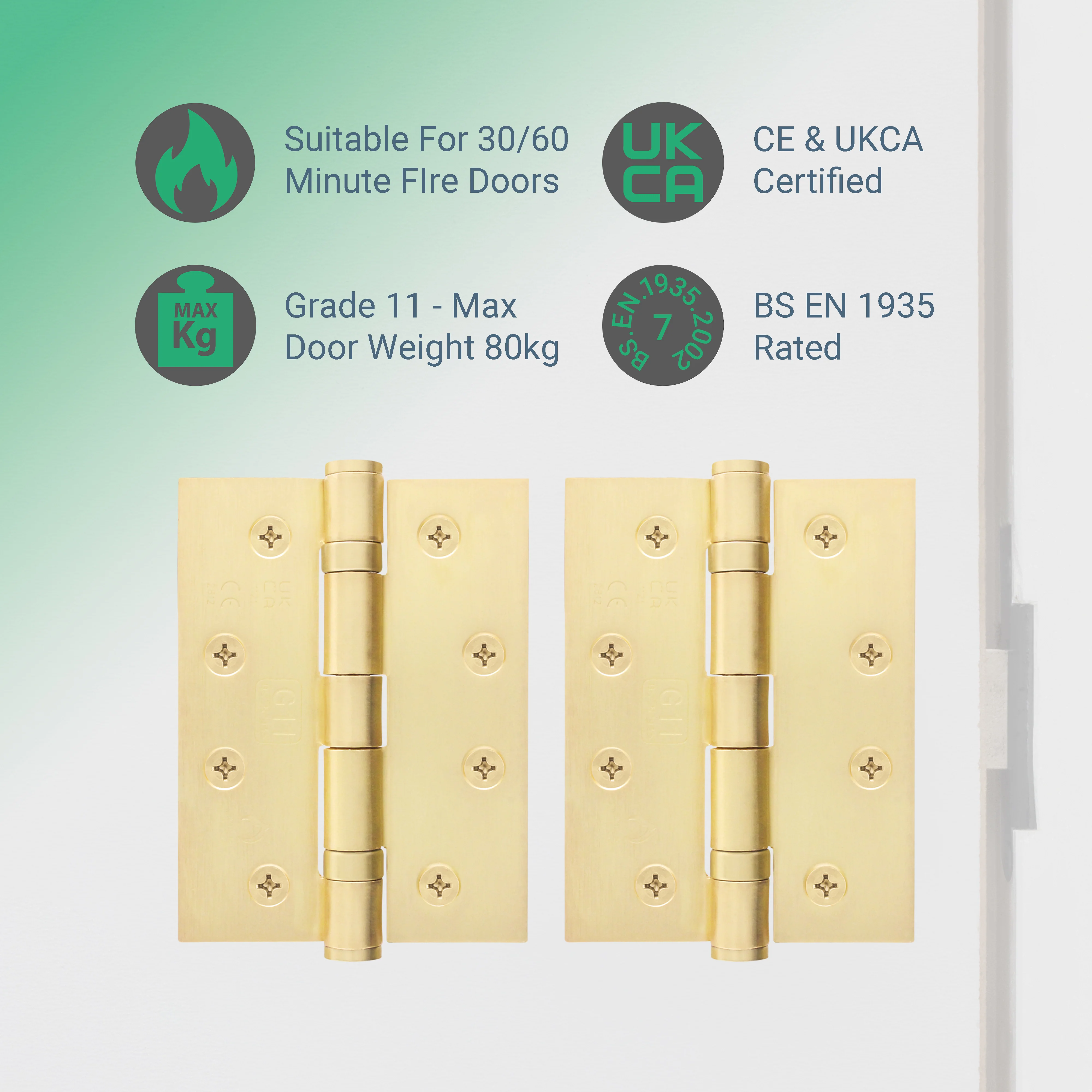 Satin Brass Fire Door Hinges – 4 Inch/102mm – Grade 11 Steel Ball Bearing – Pair - Image 2