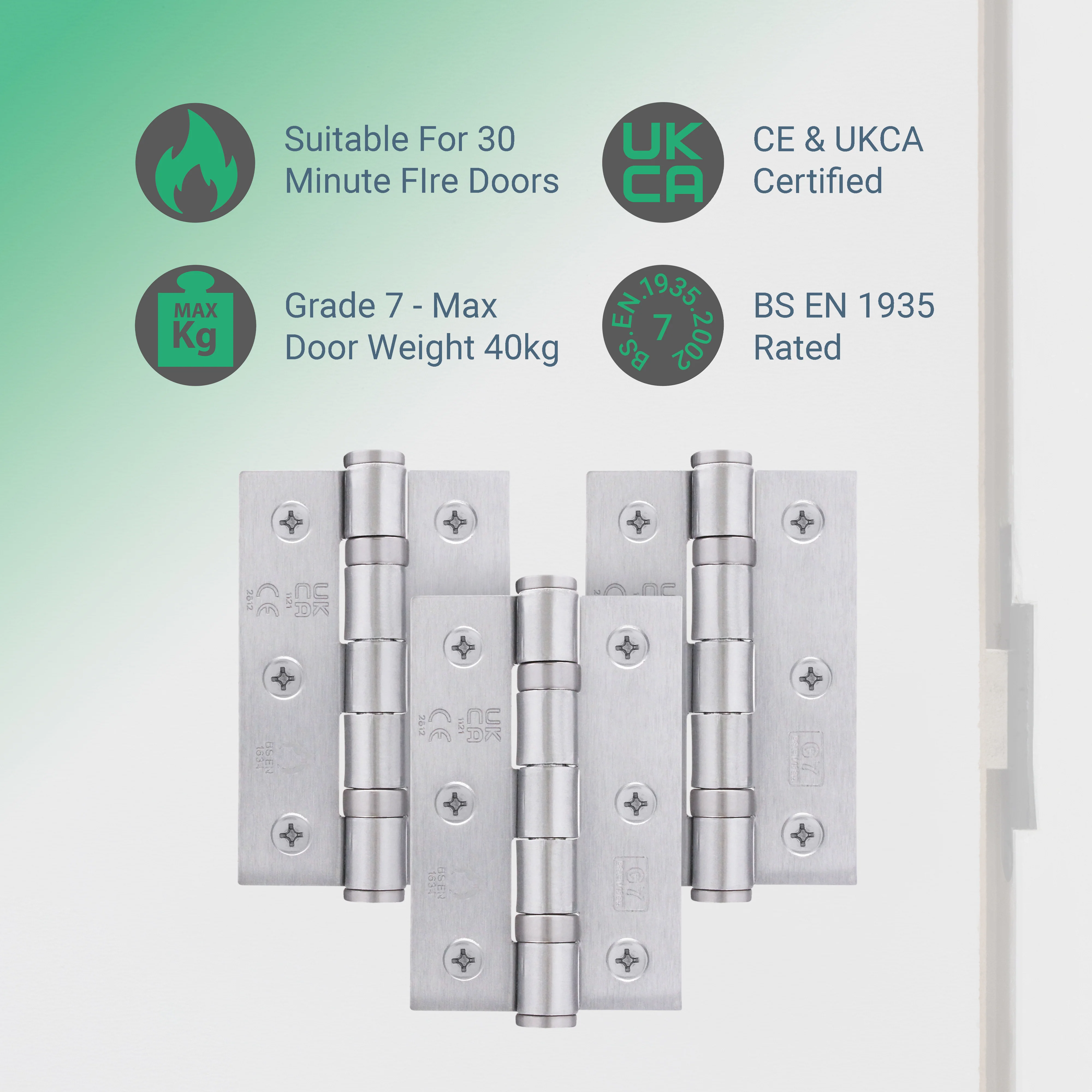 Satin Chrome Fire Door Hinges - 3 Inch/76mm - Grade 7 Steel Ball Bearing - Pack of 3 Hinges - Image 2