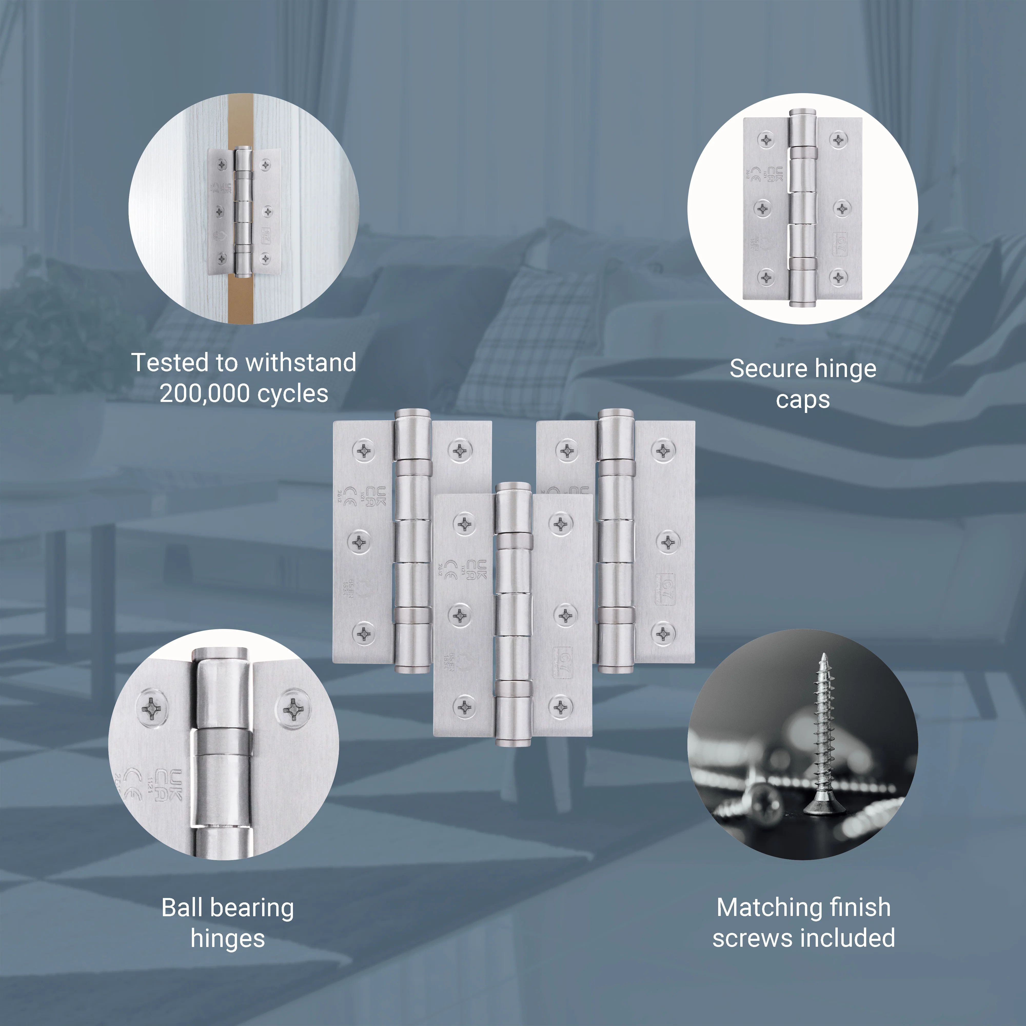 Satin Chrome Fire Door Hinges - 3 Inch/76mm - Grade 7 Steel Ball Bearing - Pack of 3 Hinges - Image 4