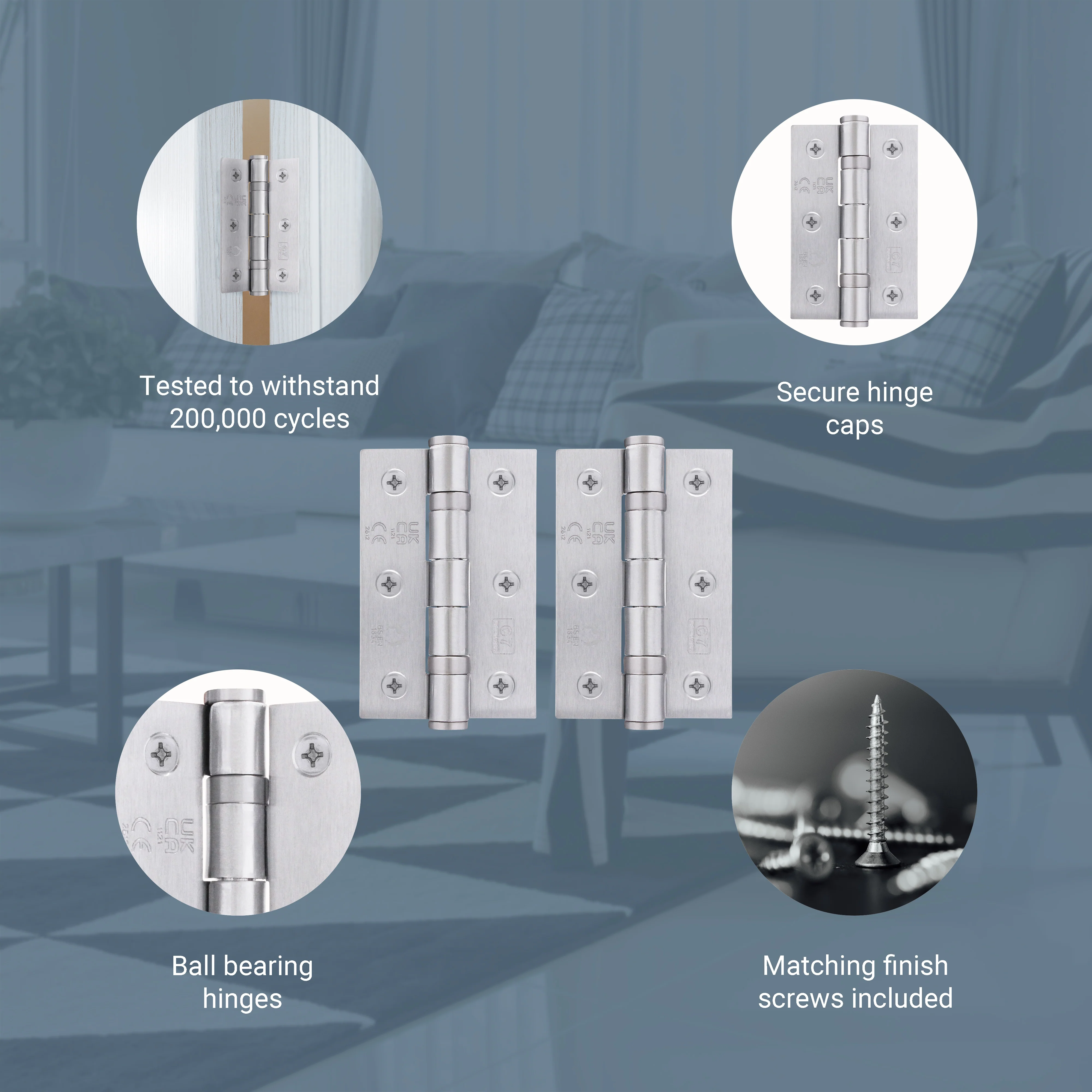 Satin Chrome Fire Door Hinges - 3 Inch/76mm - Grade 7 Steel Ball Bearing - Pair - Image 4