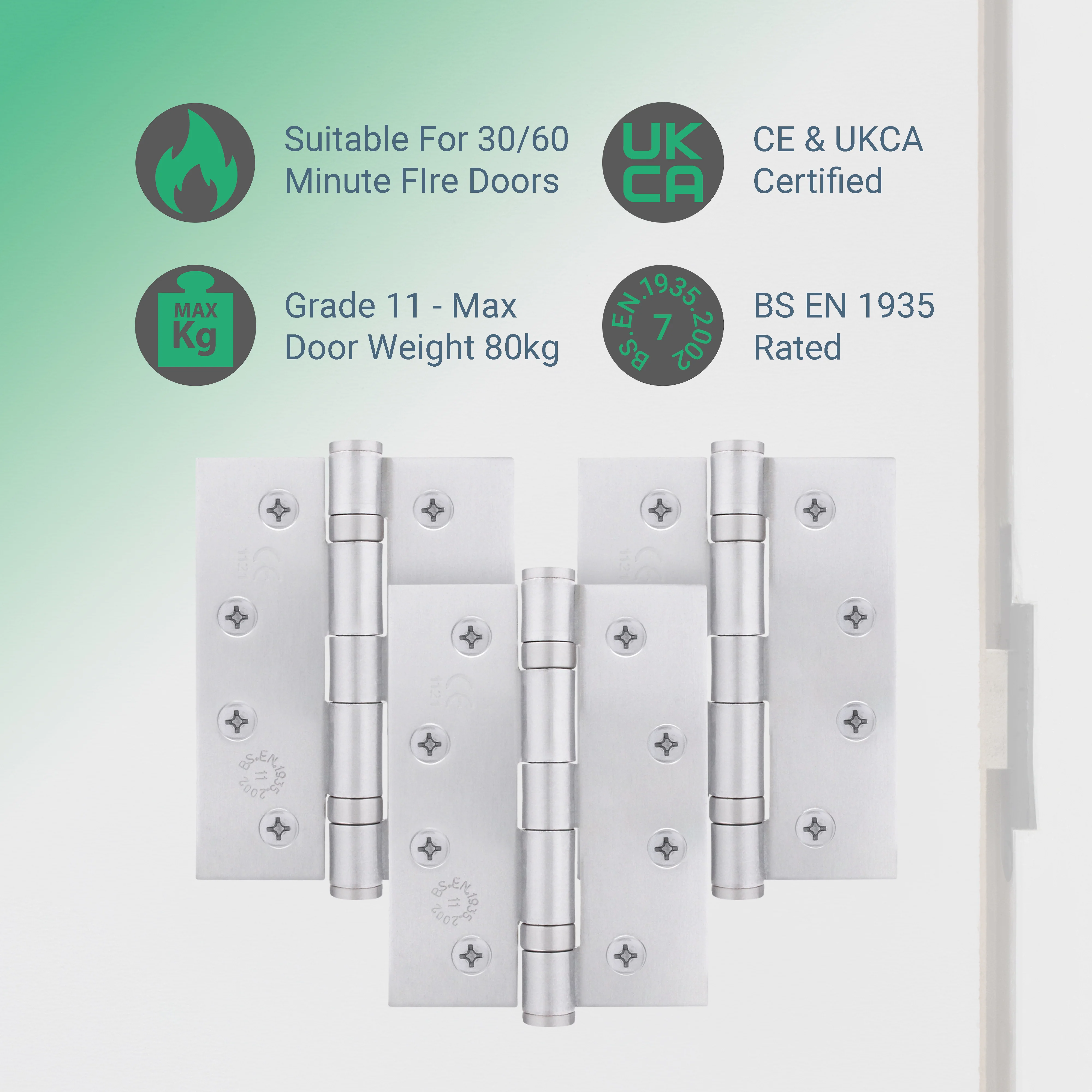Satin Chrome Fire Door Hinges – 4 Inch/102mm – Grade 11 Steel Ball Bearing – Pack of 3 Hinges - Image 2