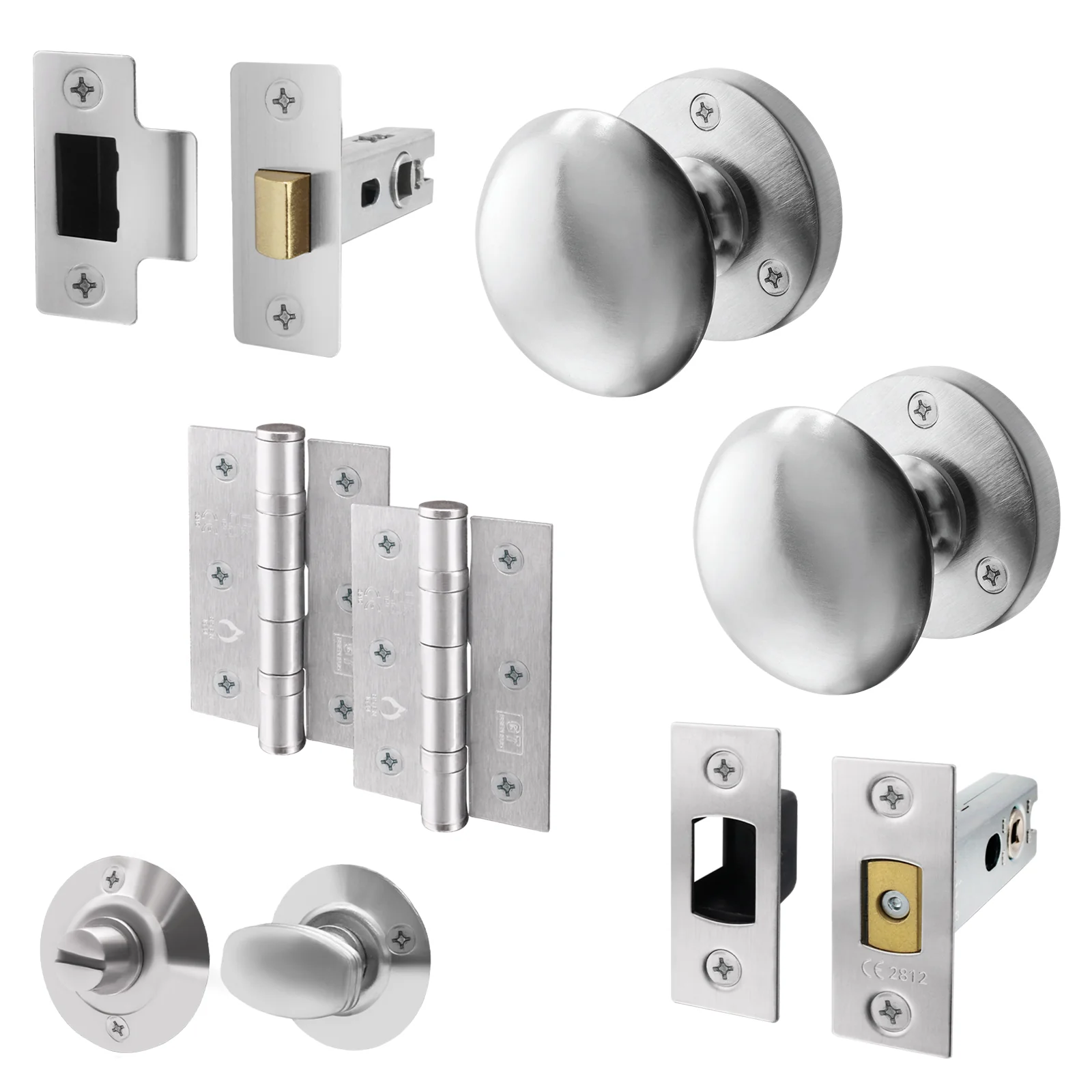 Victorian Satin Chrome Mortice Door Knob Kit - 76mm Bathroom Deadbolt & 76mm Hinges