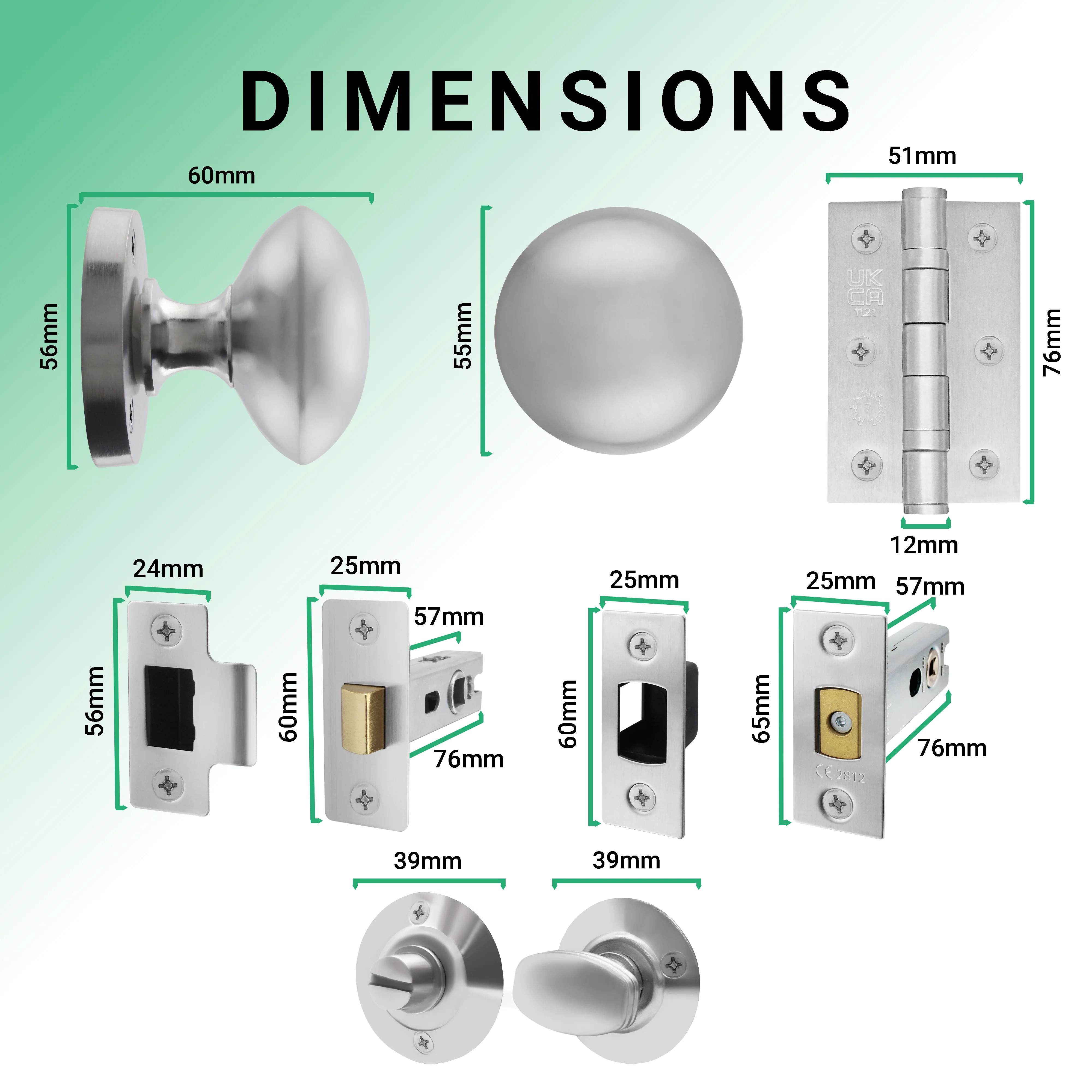 Victorian Satin Chrome Mortice Door Knob Kit - 76mm Bathroom Deadbolt & 76mm Hinges - Image 3