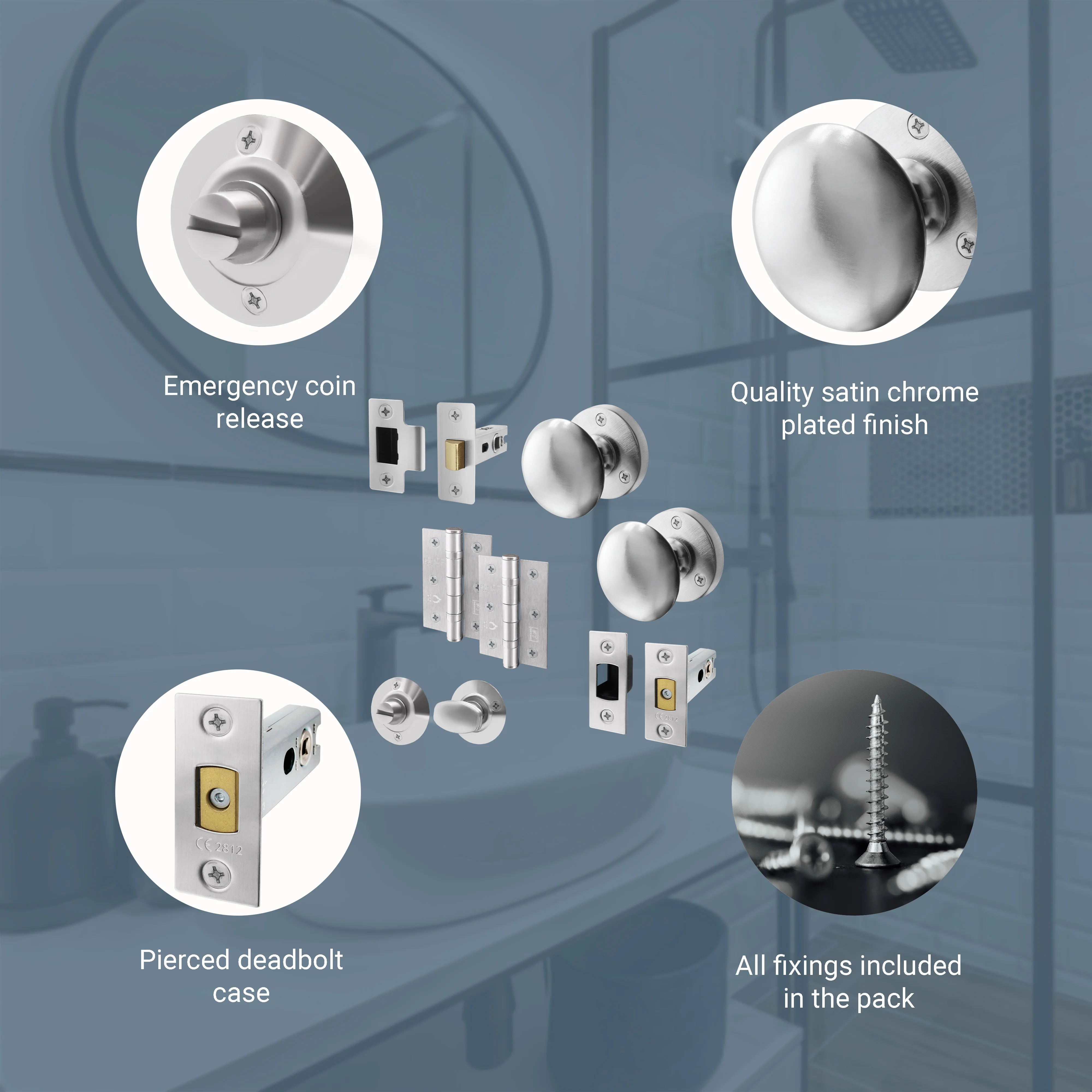 Victorian Satin Chrome Mortice Door Knob Kit - 76mm Bathroom Deadbolt & 76mm Hinges - Image 4