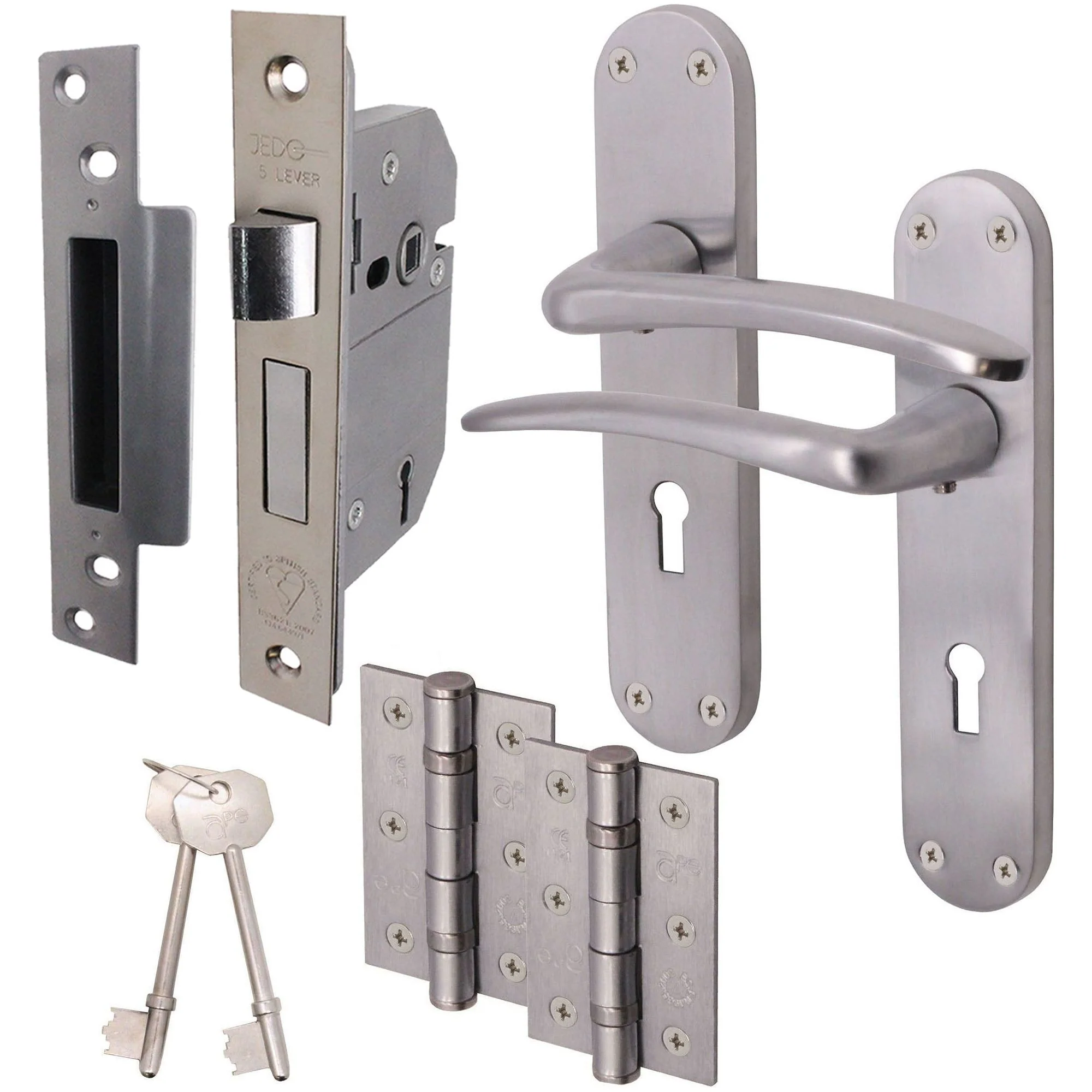 Satin Lever on Backplate 5 Lever Lock Kit / Pack Zeno Design - 66mm Lock - 76mm Hinges - Satin Chrome