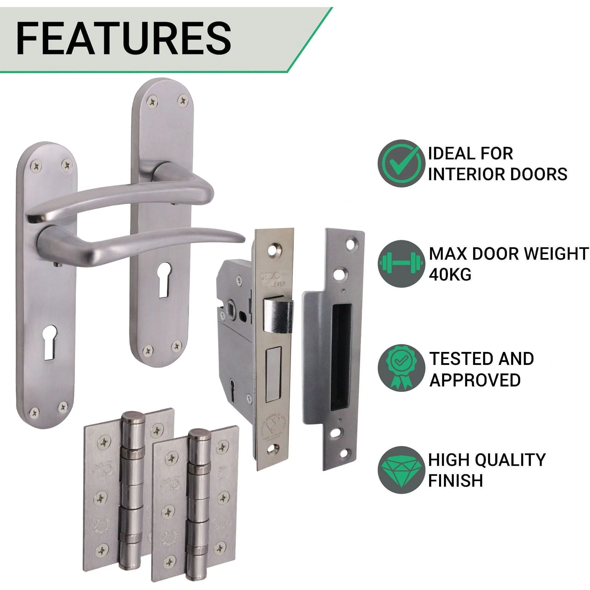Satin Lever on Backplate 5 Lever Lock Kit / Pack Zeno Design - 66mm Lock - 76mm Hinges - Satin Chrome - Image 3