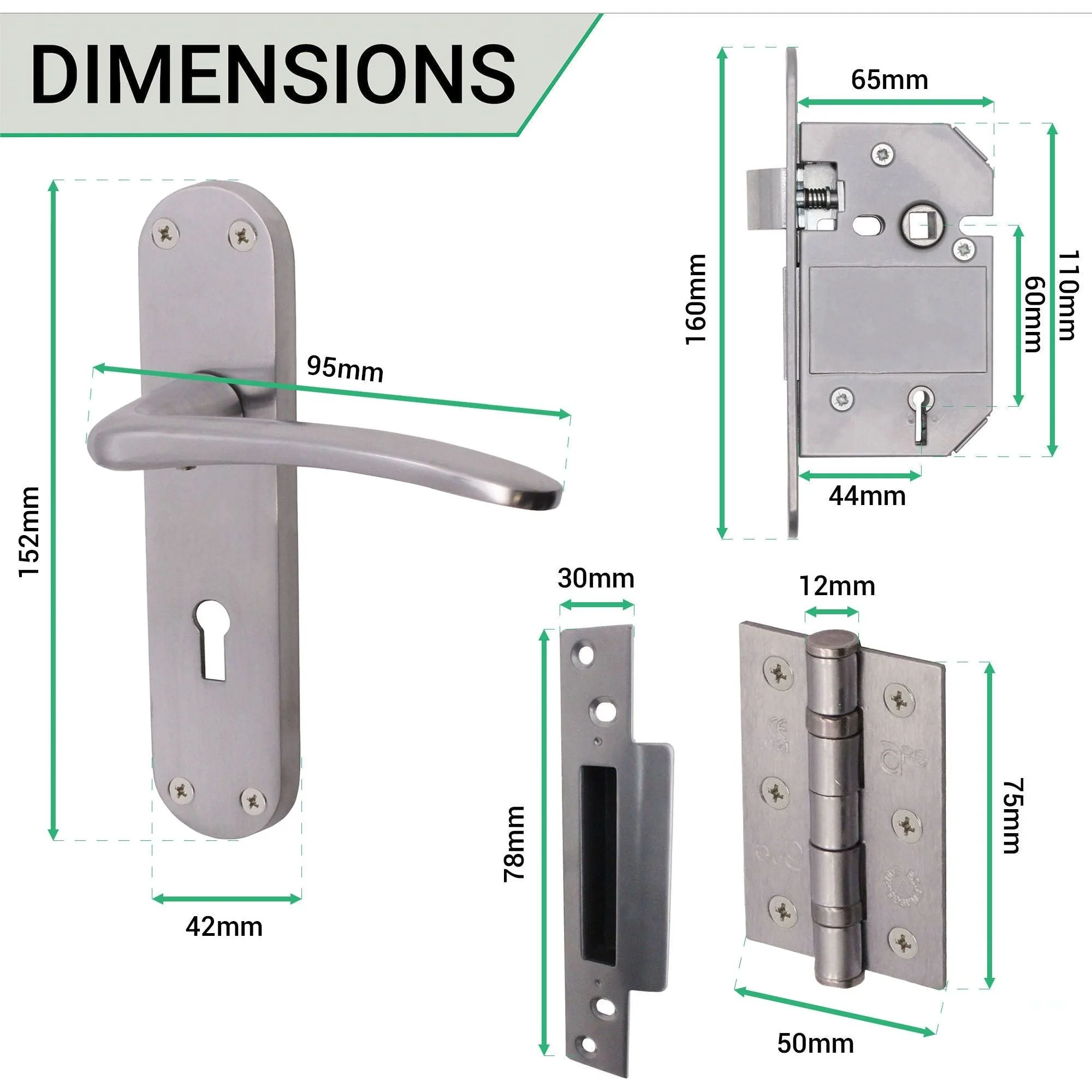 Satin Lever on Backplate 5 Lever Lock Kit / Pack Zeno Design - 66mm Lock - 76mm Hinges - Satin Chrome - Image 4