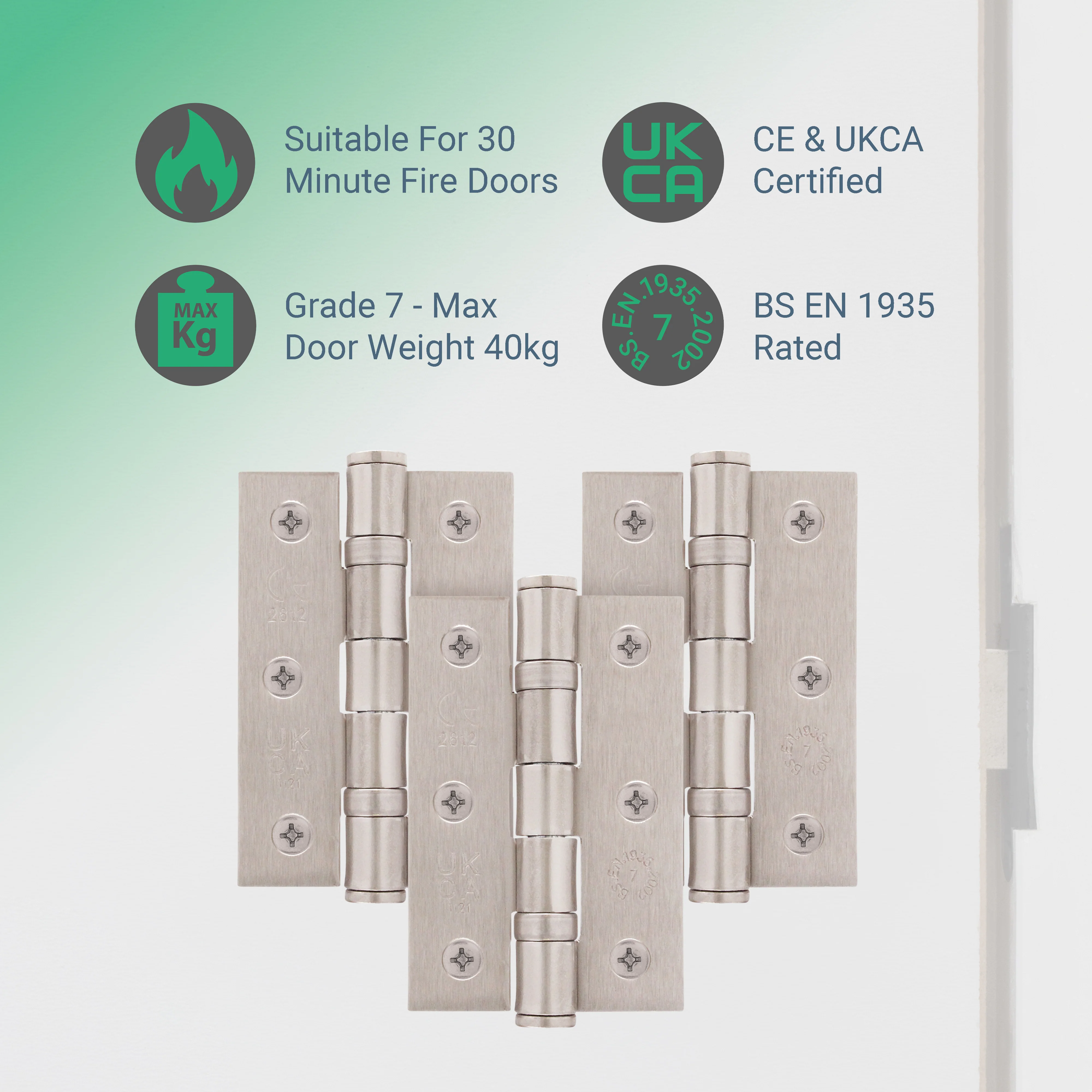 Satin Nickel Fire Door Hinges - 3 Inch/76mm - Grade 7 Steel Ball Bearing - Pack of 3 Hinges - Image 2
