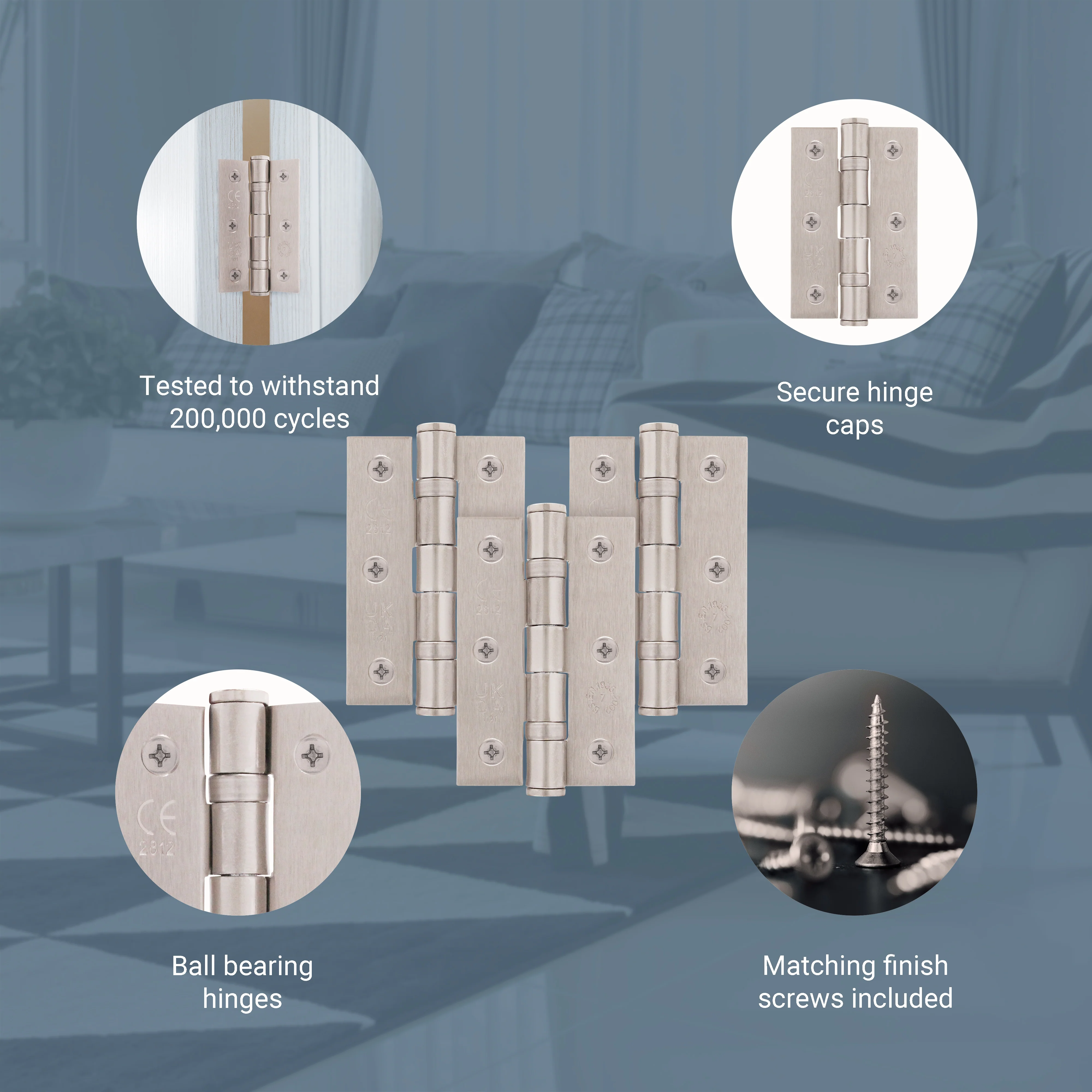 Satin Nickel Fire Door Hinges - 3 Inch/76mm - Grade 7 Steel Ball Bearing - Pack of 3 Hinges - Image 4