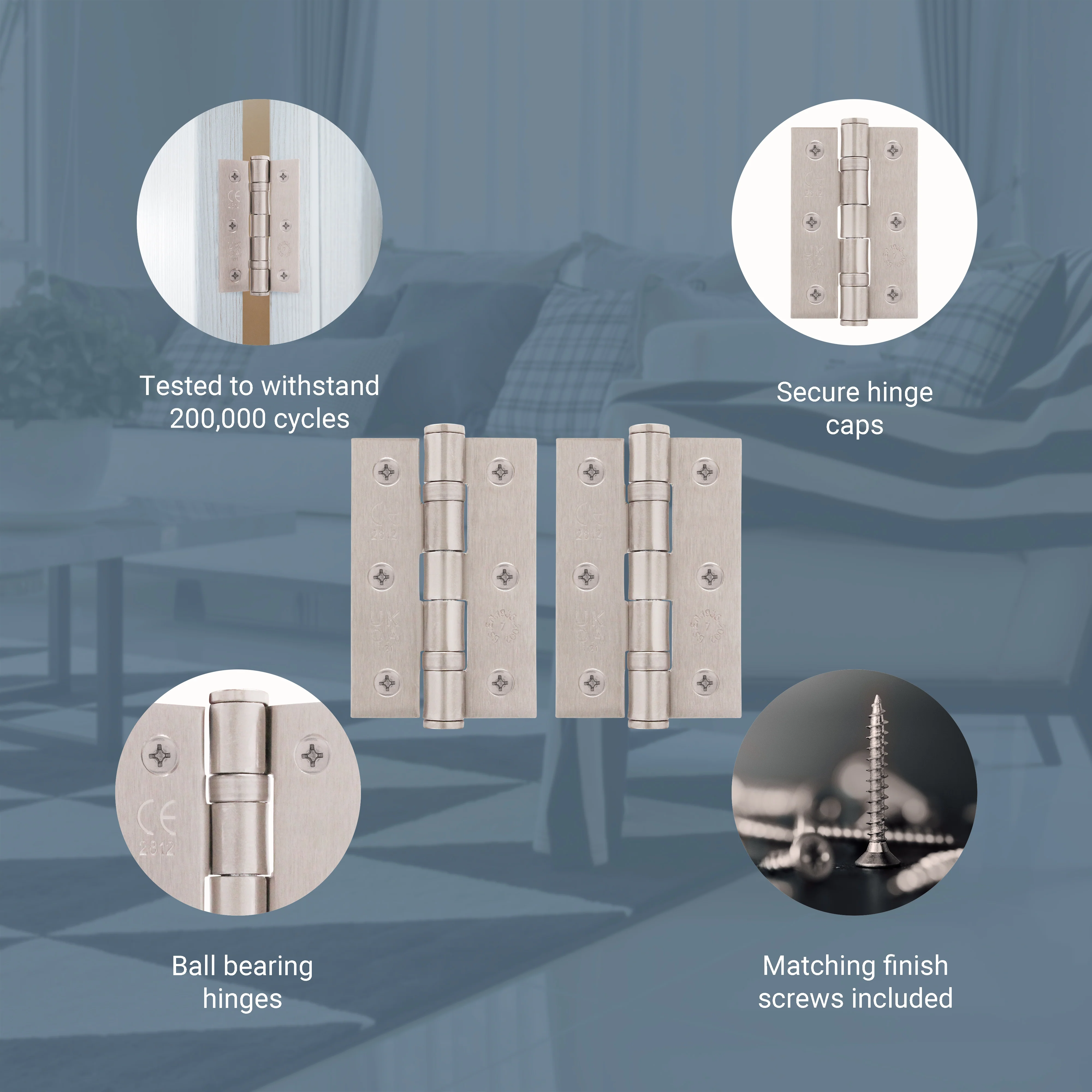 Satin Nickel Fire Door Hinges - 3 Inch/76mm - Grade 7 Steel Ball Bearing - Pair - Image 4
