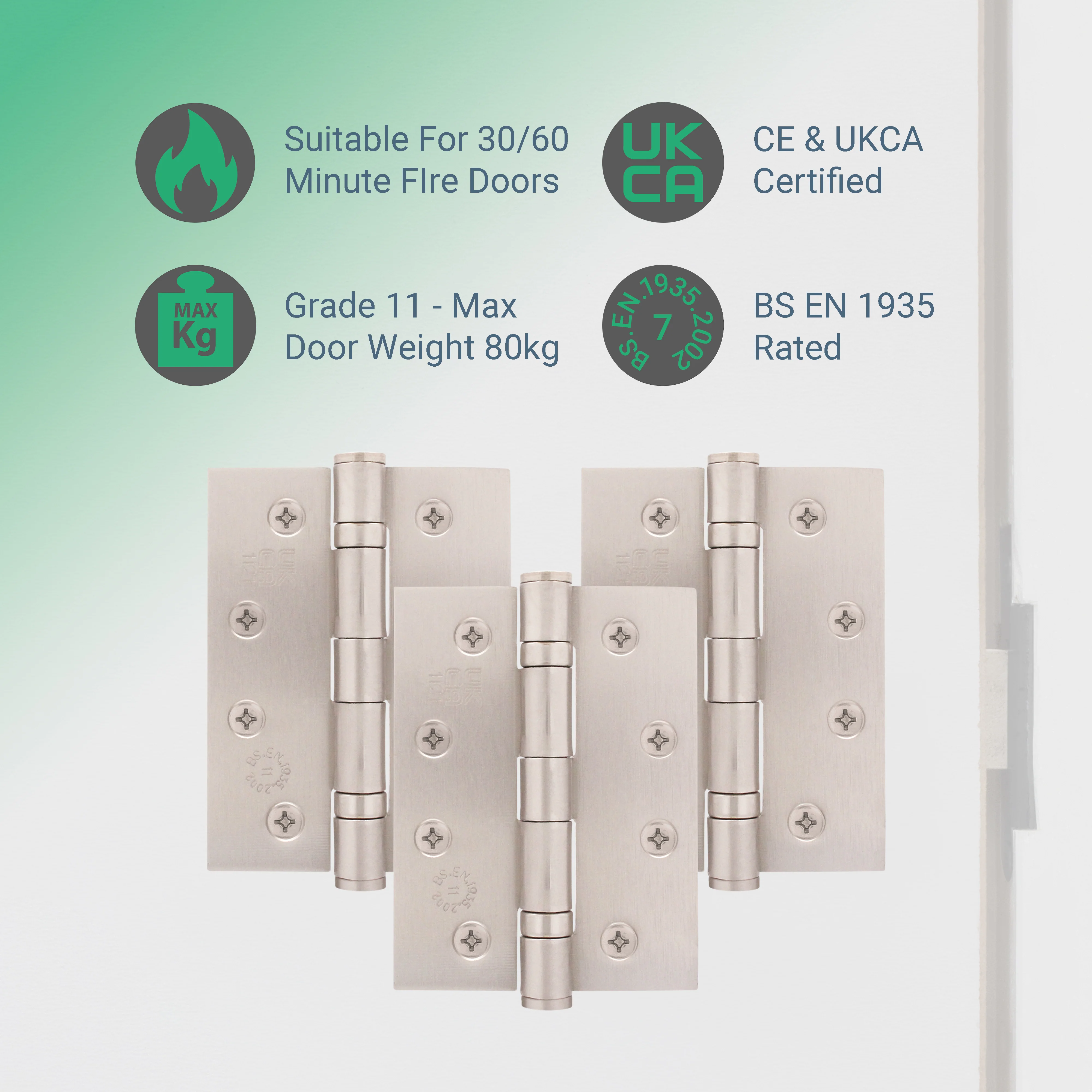 Satin Nickel Fire Door Hinges – 4 Inch/102mm – Grade 11 Steel Ball Bearing – Pack of 3 Hinges - Image 2