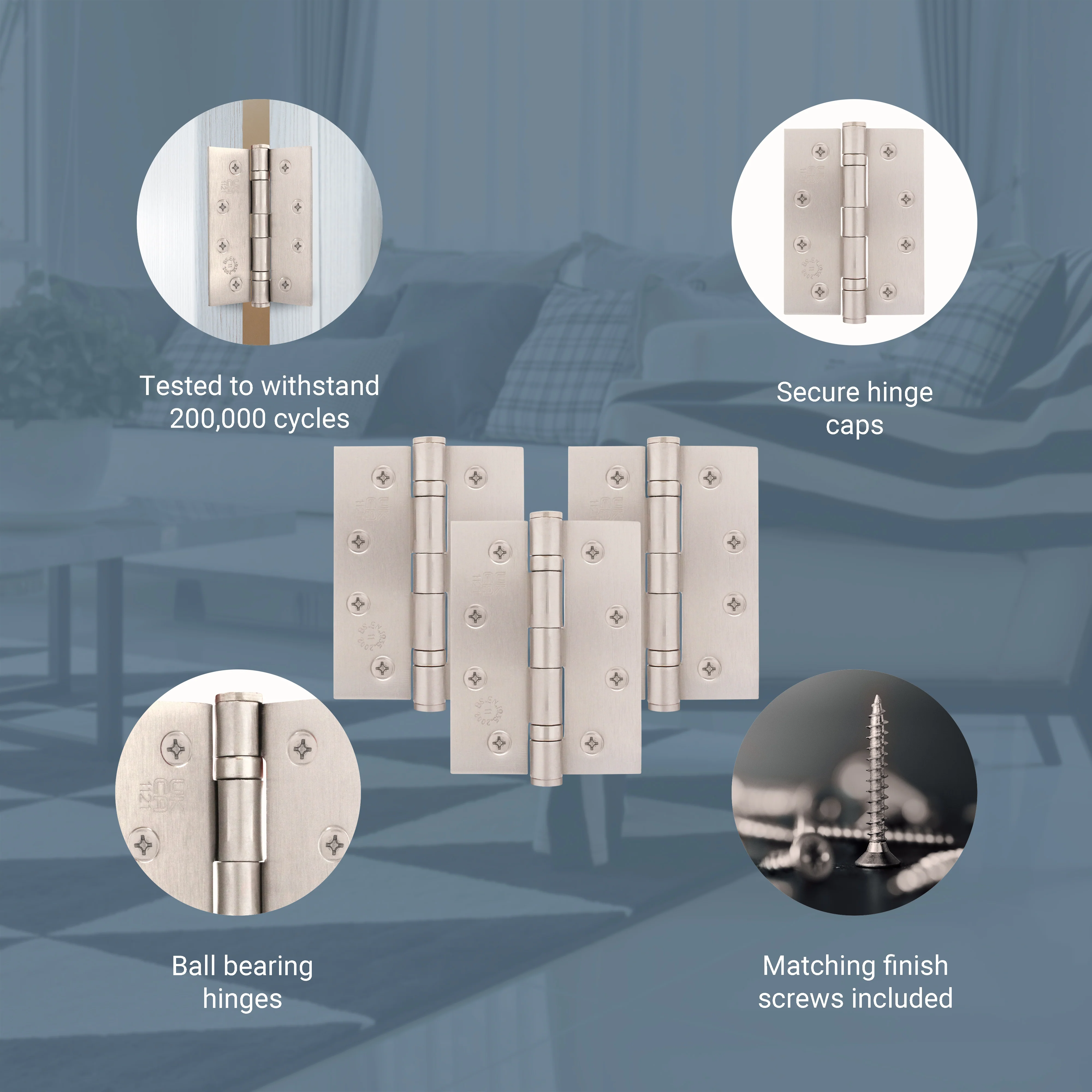 Satin Nickel Fire Door Hinges – 4 Inch/102mm – Grade 11 Steel Ball Bearing – Pack of 3 Hinges - Image 4