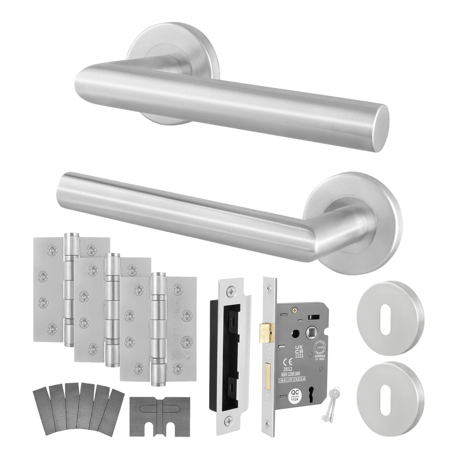 Satin Stainless Mitred Door Handle on Rose Fire Door Pack - 3 Lever Sashlock - FD30/60