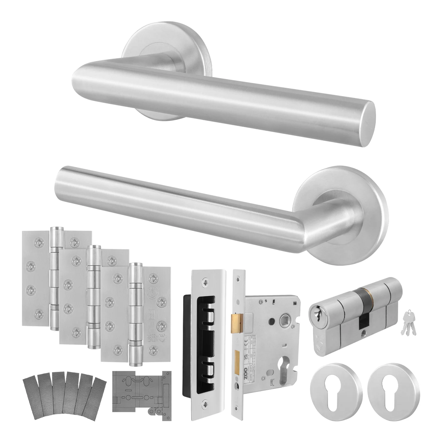 Satin Stainless Mitred Door Handle on Rose Fire Door Pack - Euro Sashlock and Double Cylinder - FD30/60