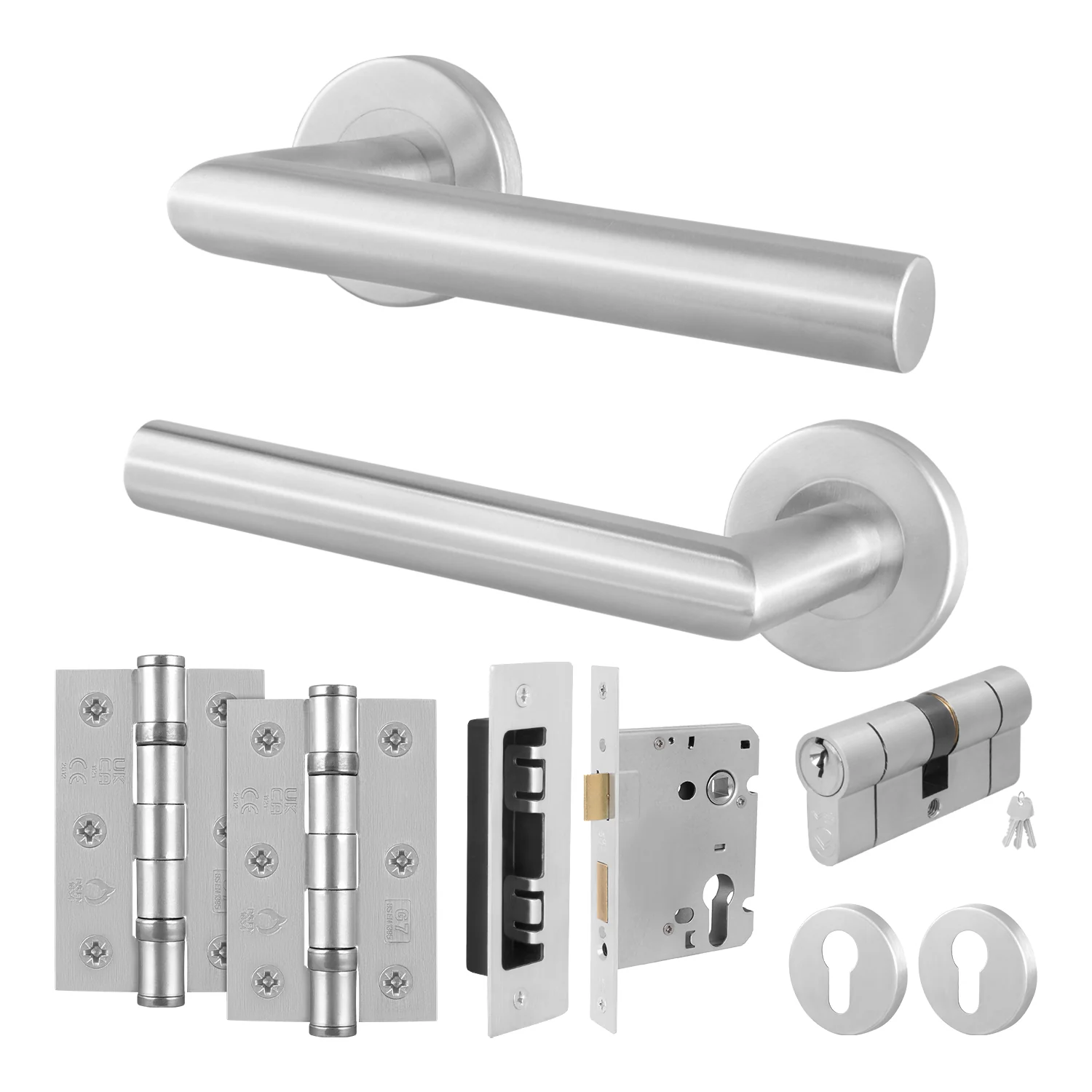 Satin Stainless Mitred Door Handle on Rose Pack - Euro Sashlock and Double Cylinder