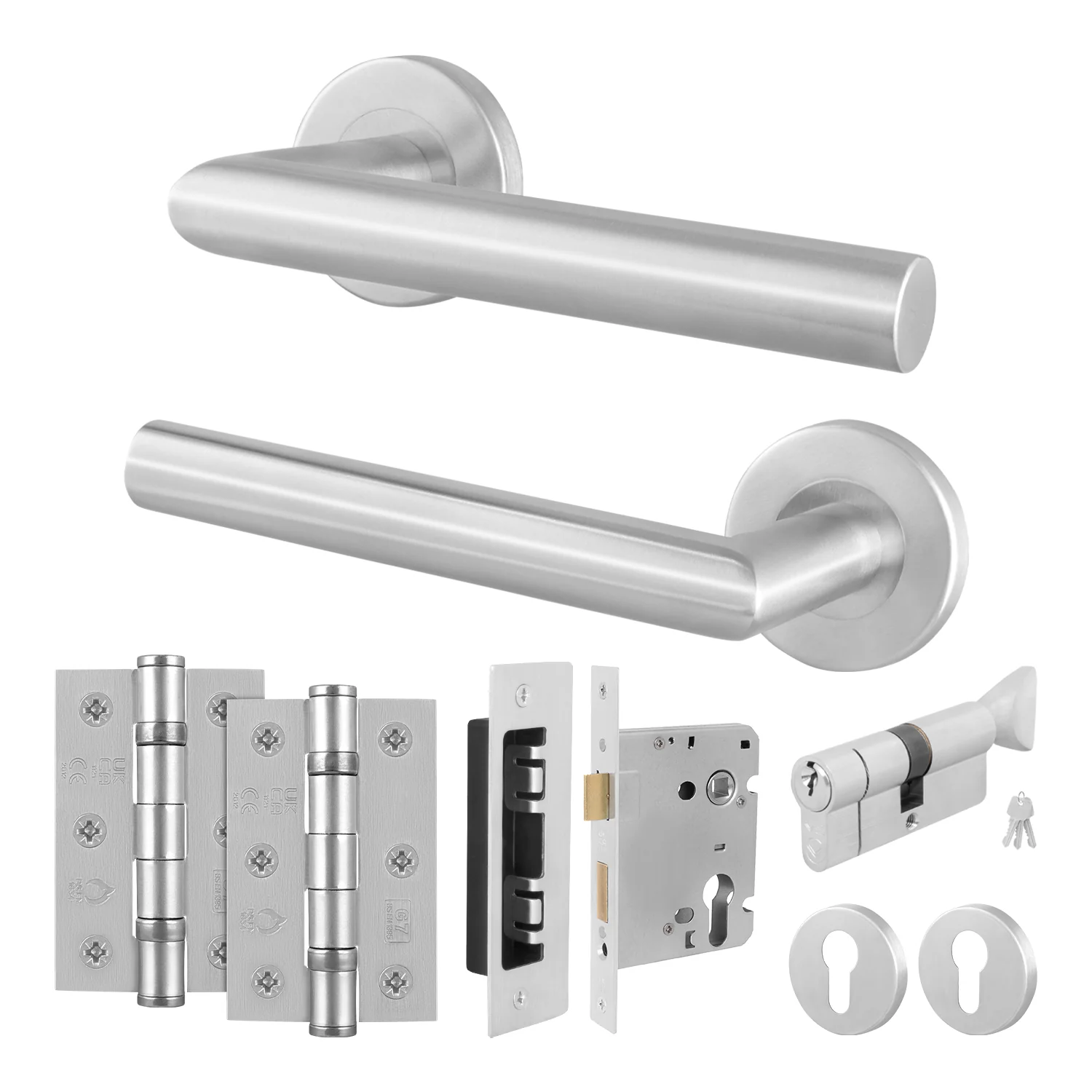 Satin Stainless Mitred Door Handle on Rose Pack - Euro Sashlock and Thumbturn Cylinder